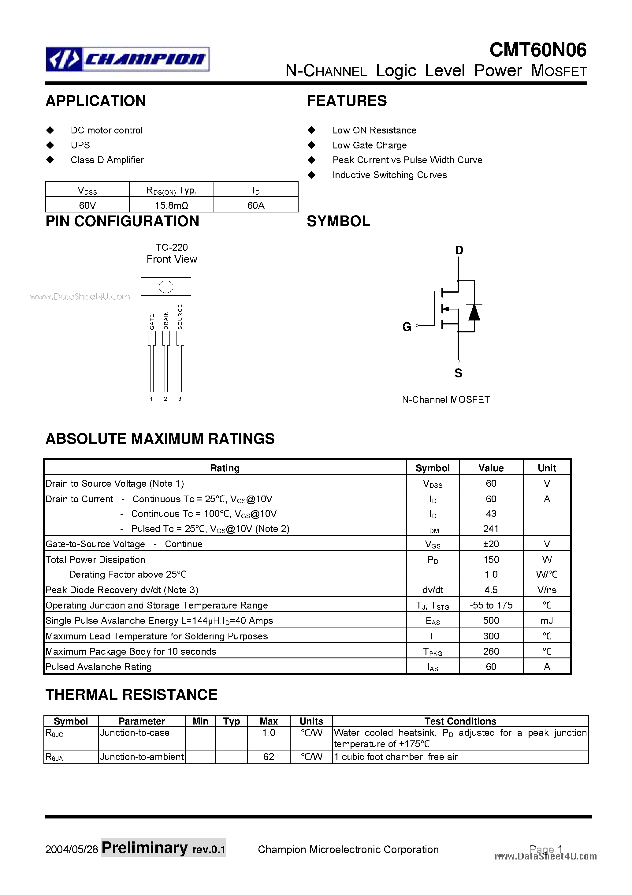 Datasheet CMT60N06 - N-CHANNEL Logic Level Power MOSFET page 1