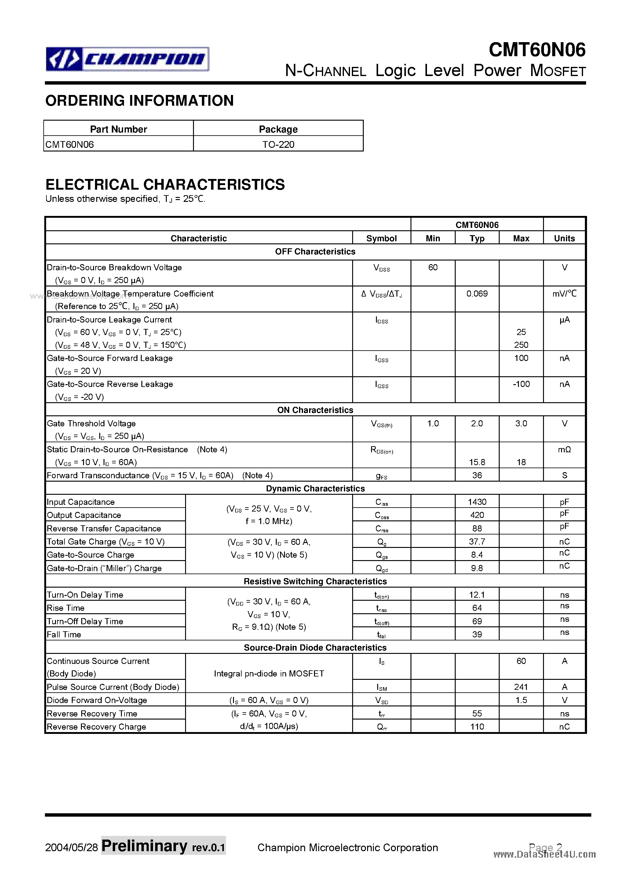 Datasheet CMT60N06 - N-CHANNEL Logic Level Power MOSFET page 2