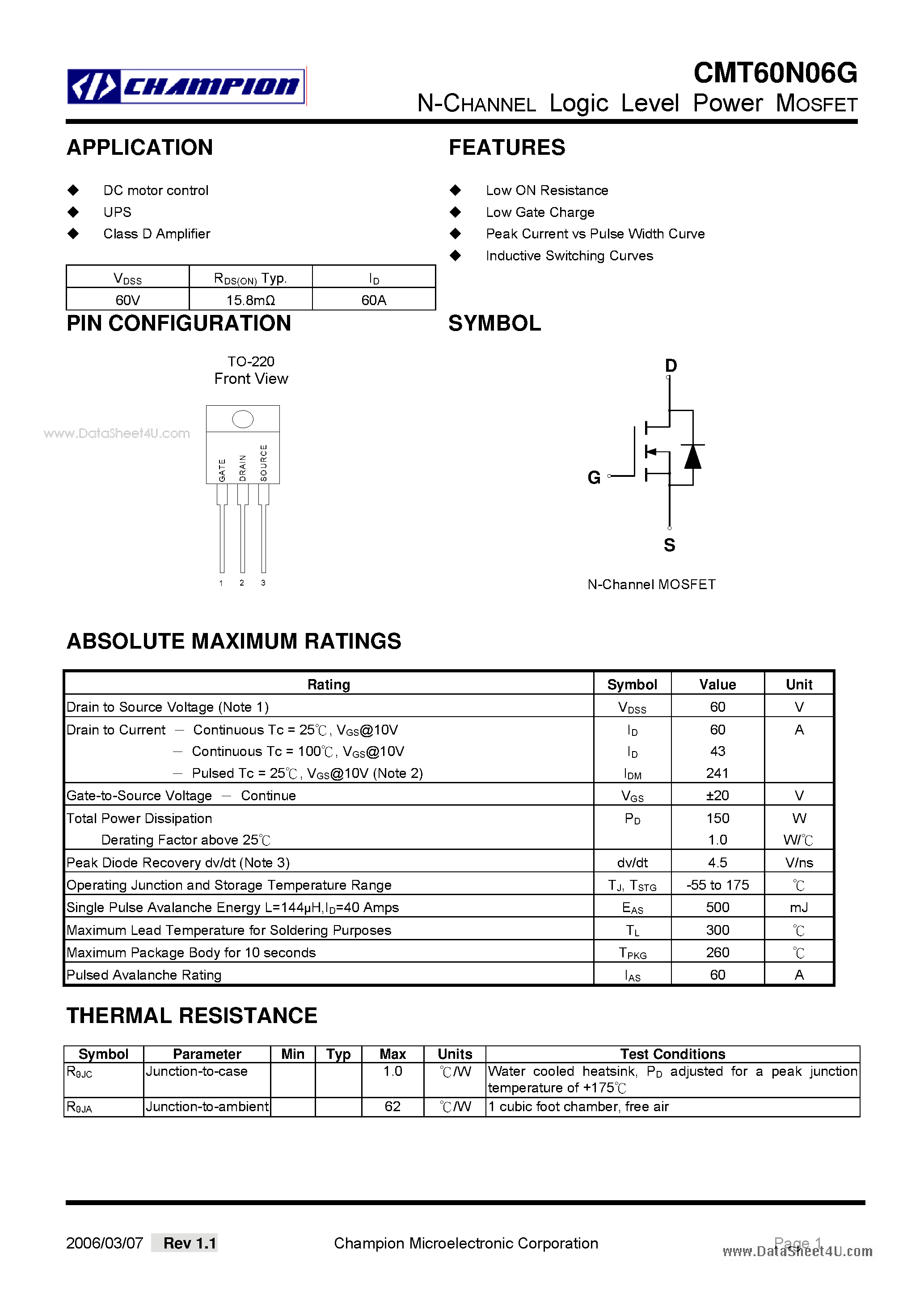 Datasheet CMT60N06G - N-CHANNEL Logic Level Power MOSFET page 1