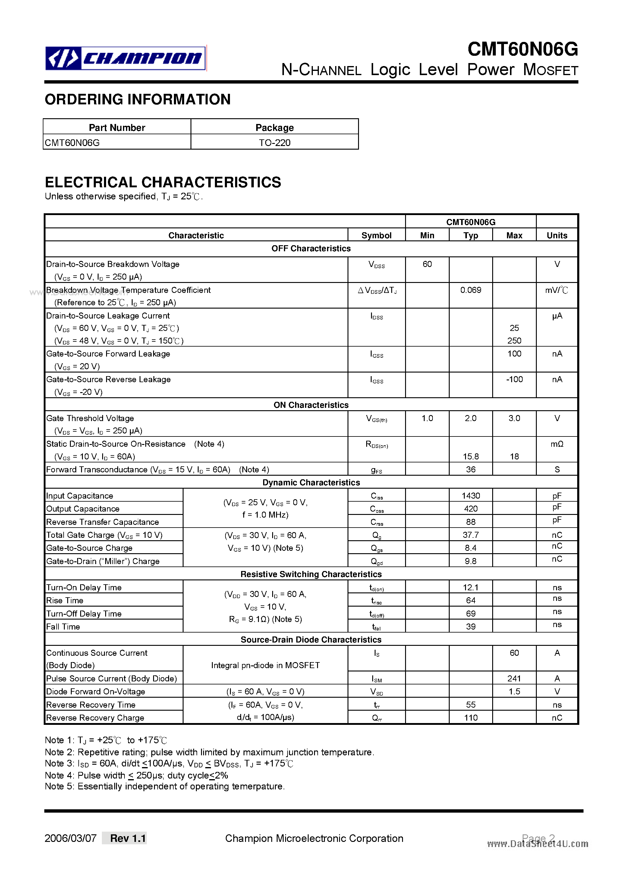 Datasheet CMT60N06G - N-CHANNEL Logic Level Power MOSFET page 2