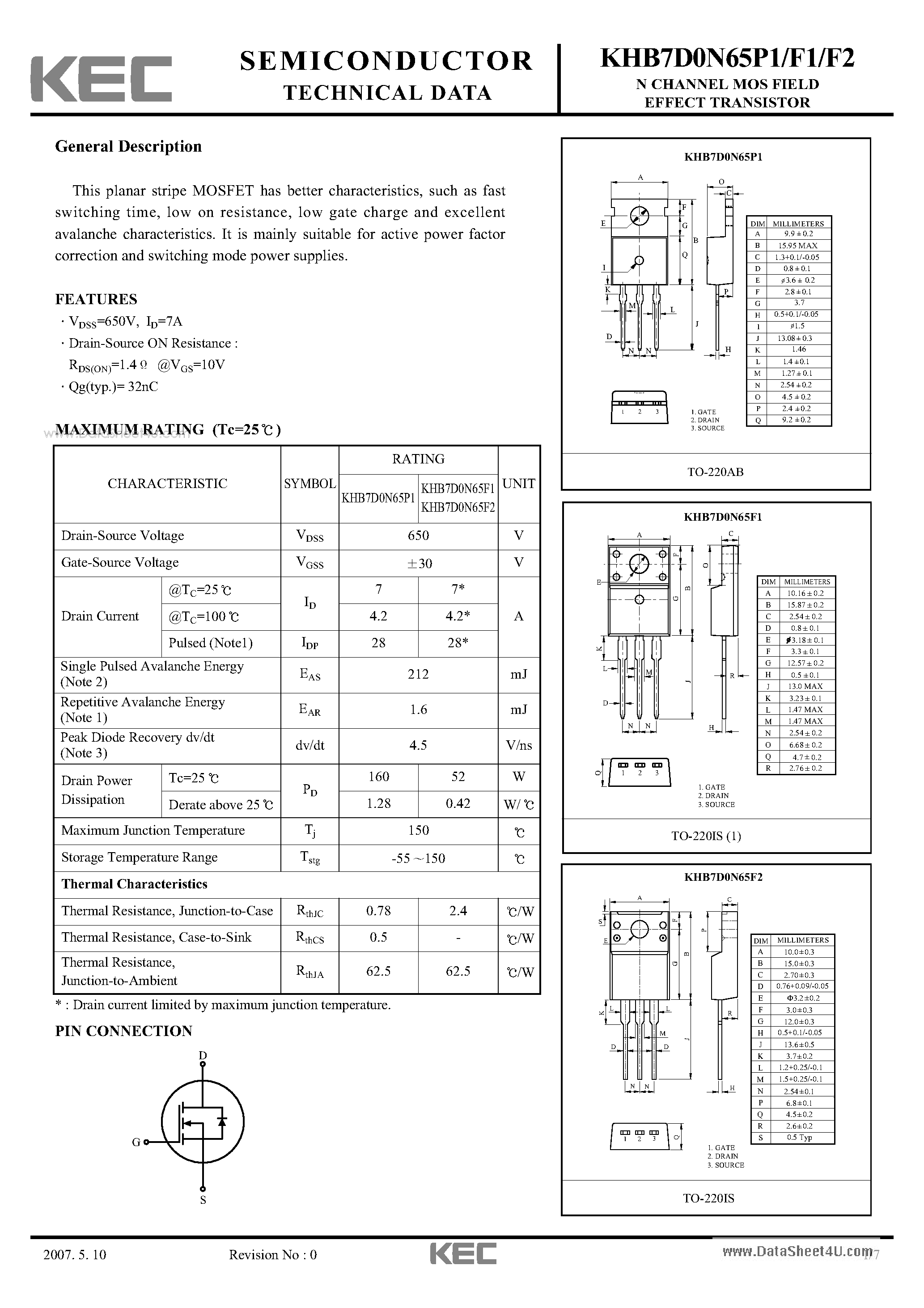 Datasheet KHB7D0N65F2 - N-CHANNEL MOS FIELD EFFECT TRANSISTOR page 1