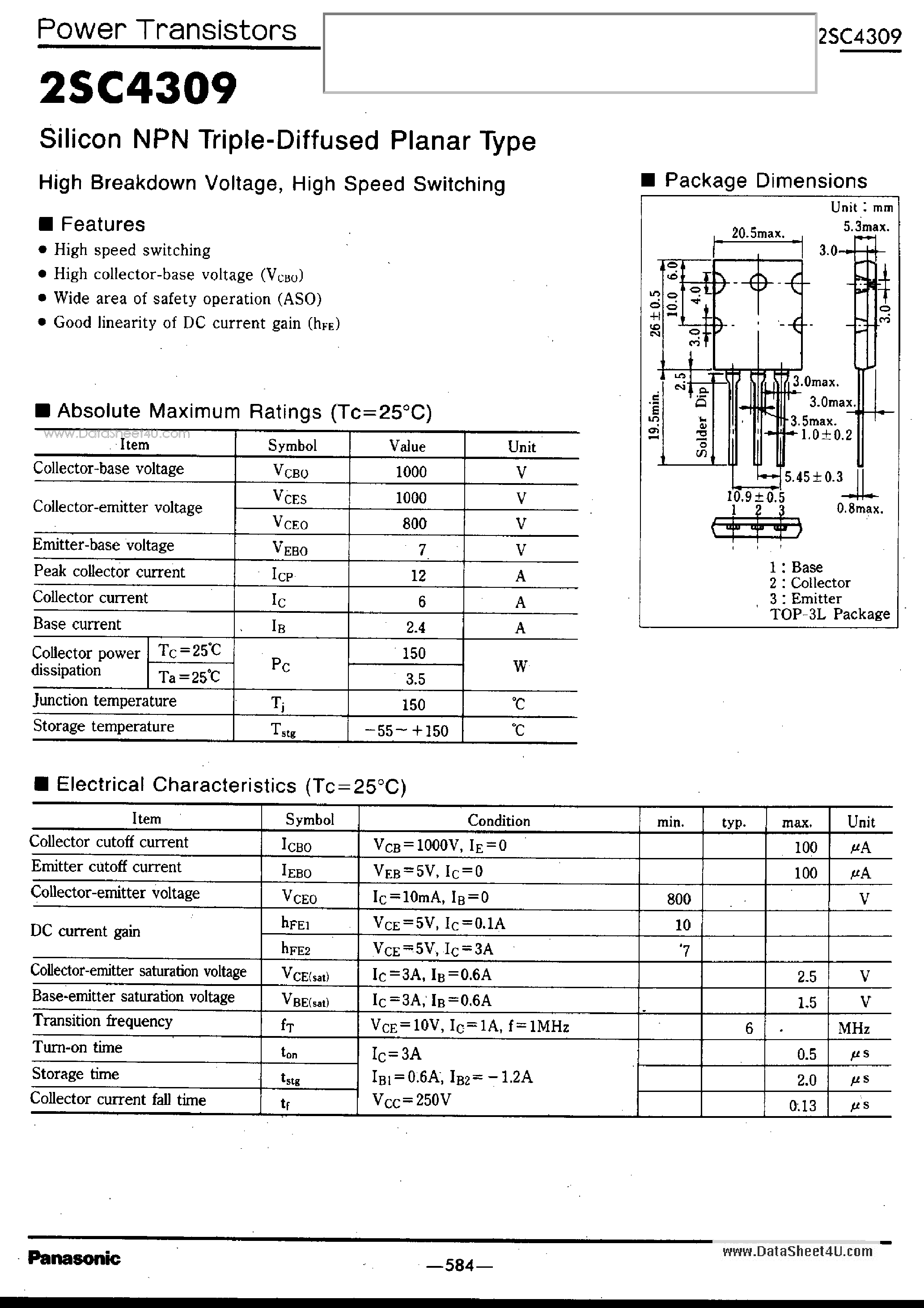 Datasheet 2SC4309 - Silicon NPN Triple Diffused Planar Type Power Transistors page 1