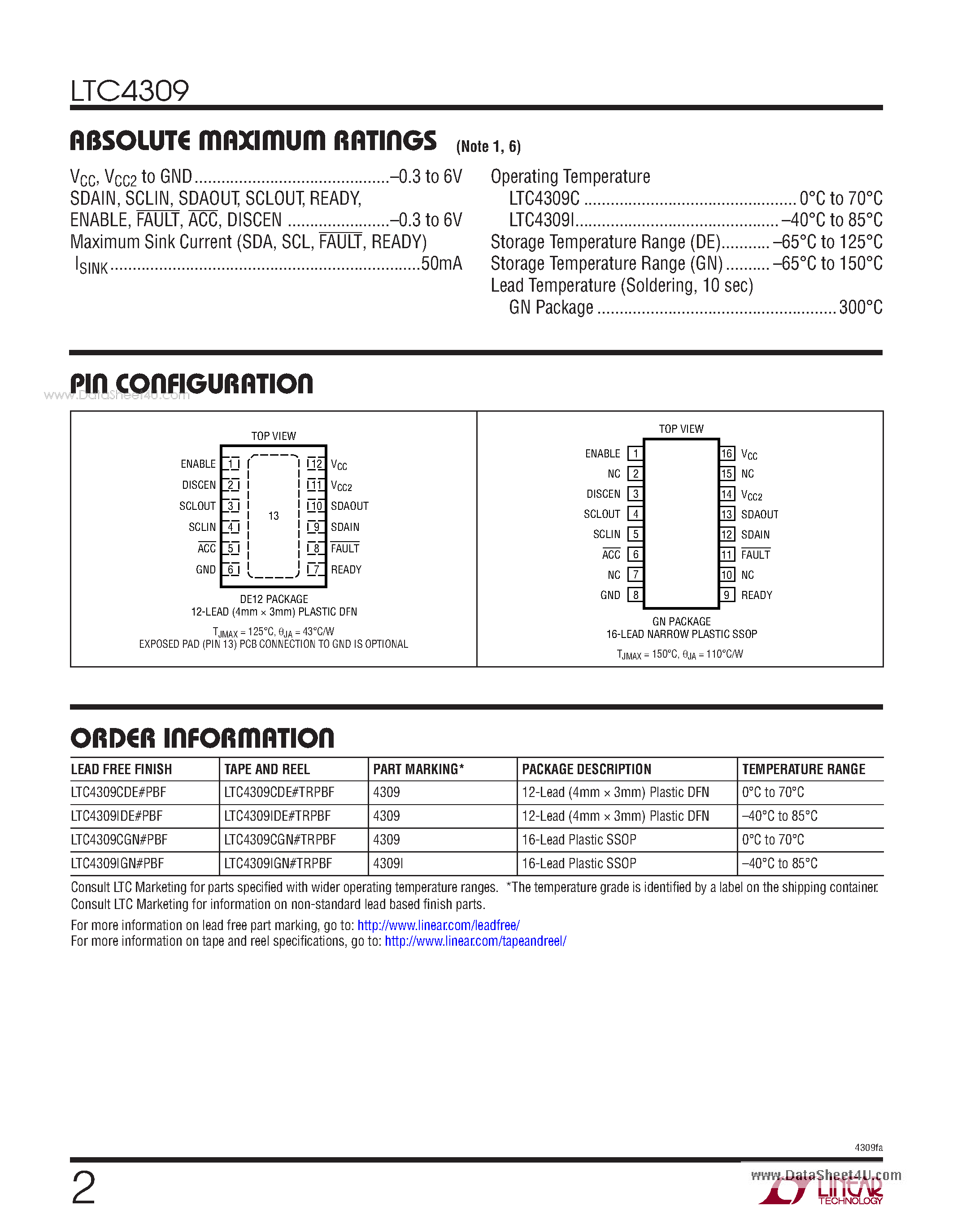 Даташит на микросхему LTC4309 страница 2 Даташит LTC4309 - Level Shifting Low Offset Hot Swappable 2-Wire Bus Buffer страница 2