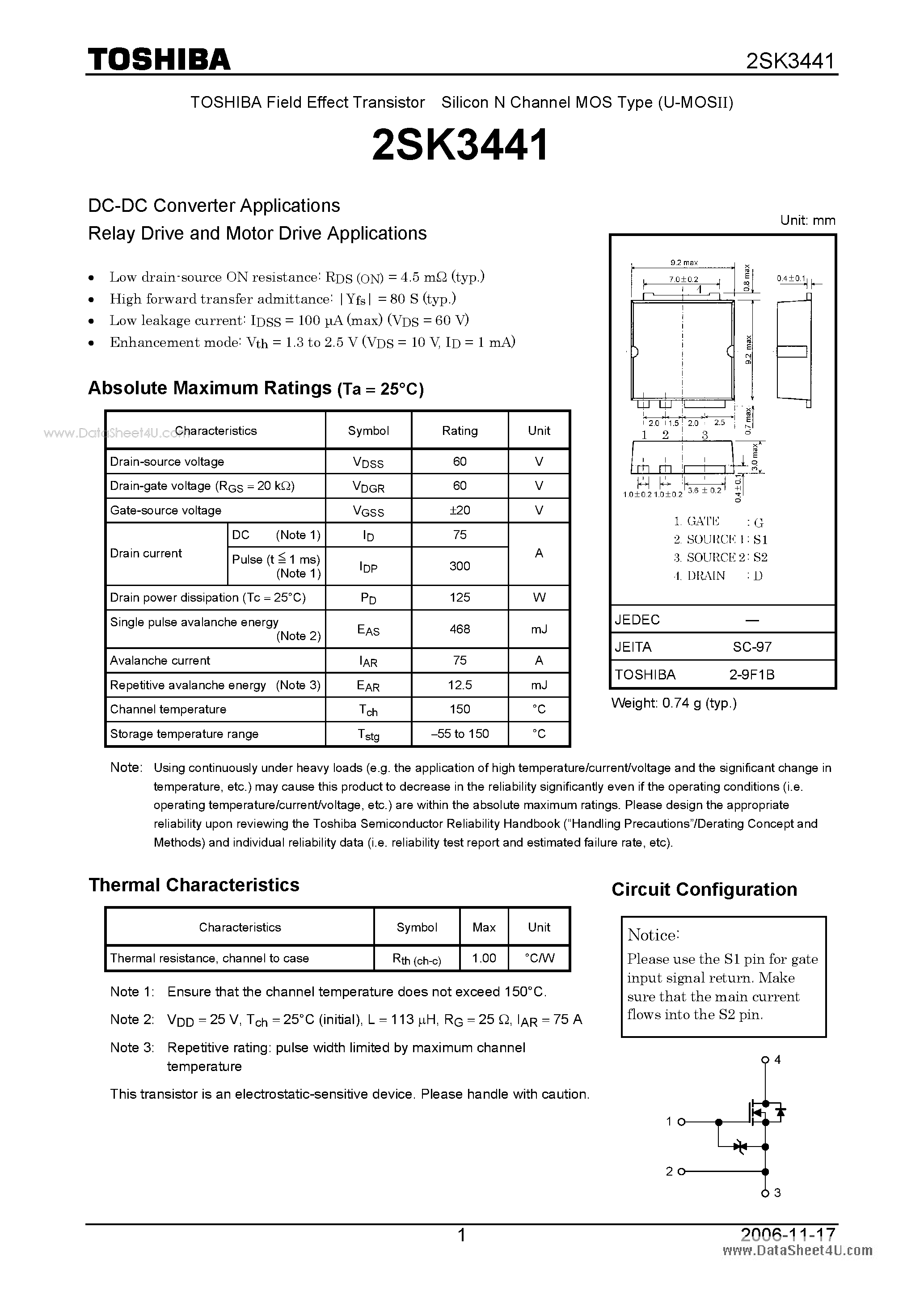 Даташит 2SK3441 - DC-DC Converter Applications страница 1