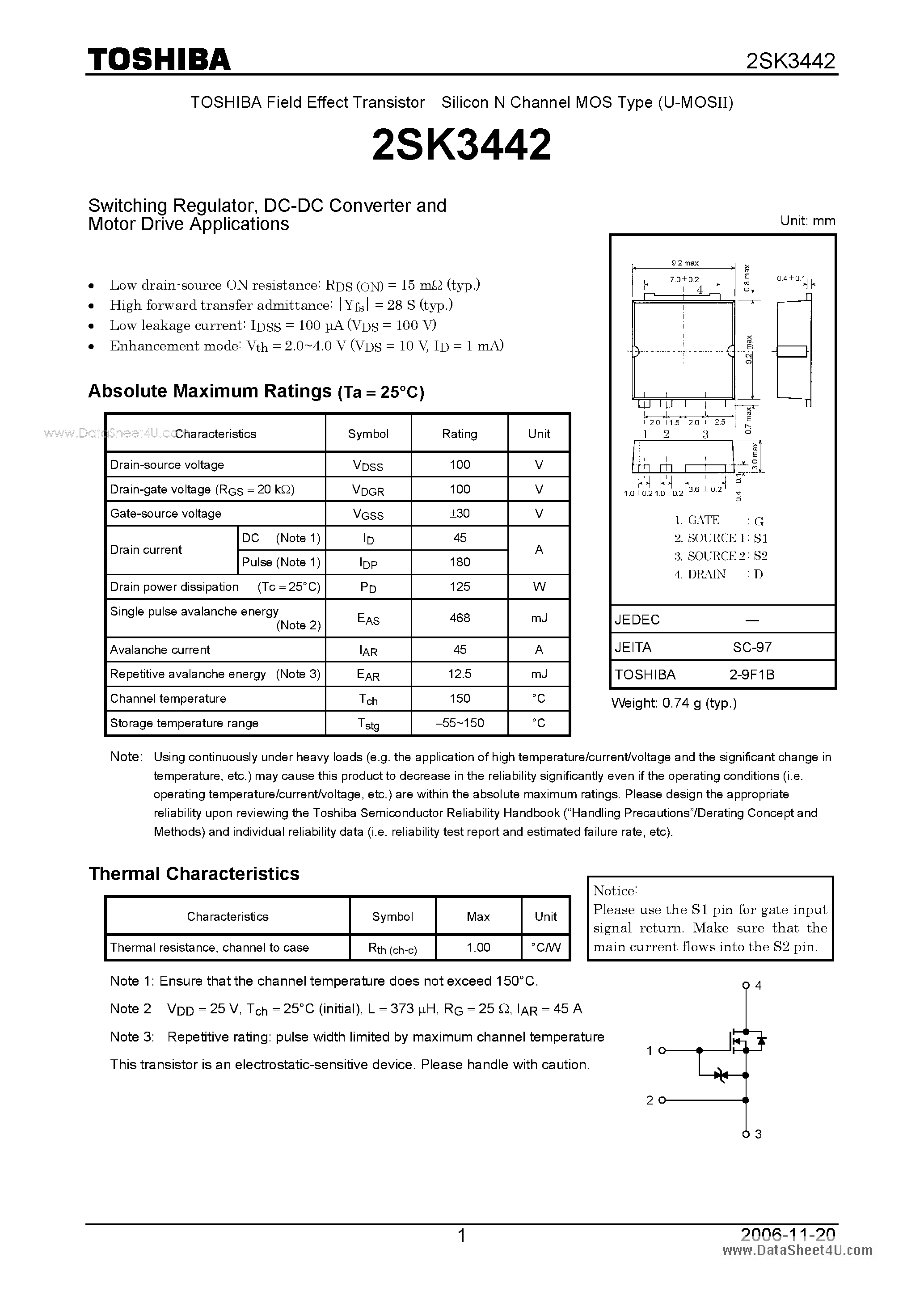 Даташит 2SK3442 - DC-DC Converter and Motor Drive Applications страница 1