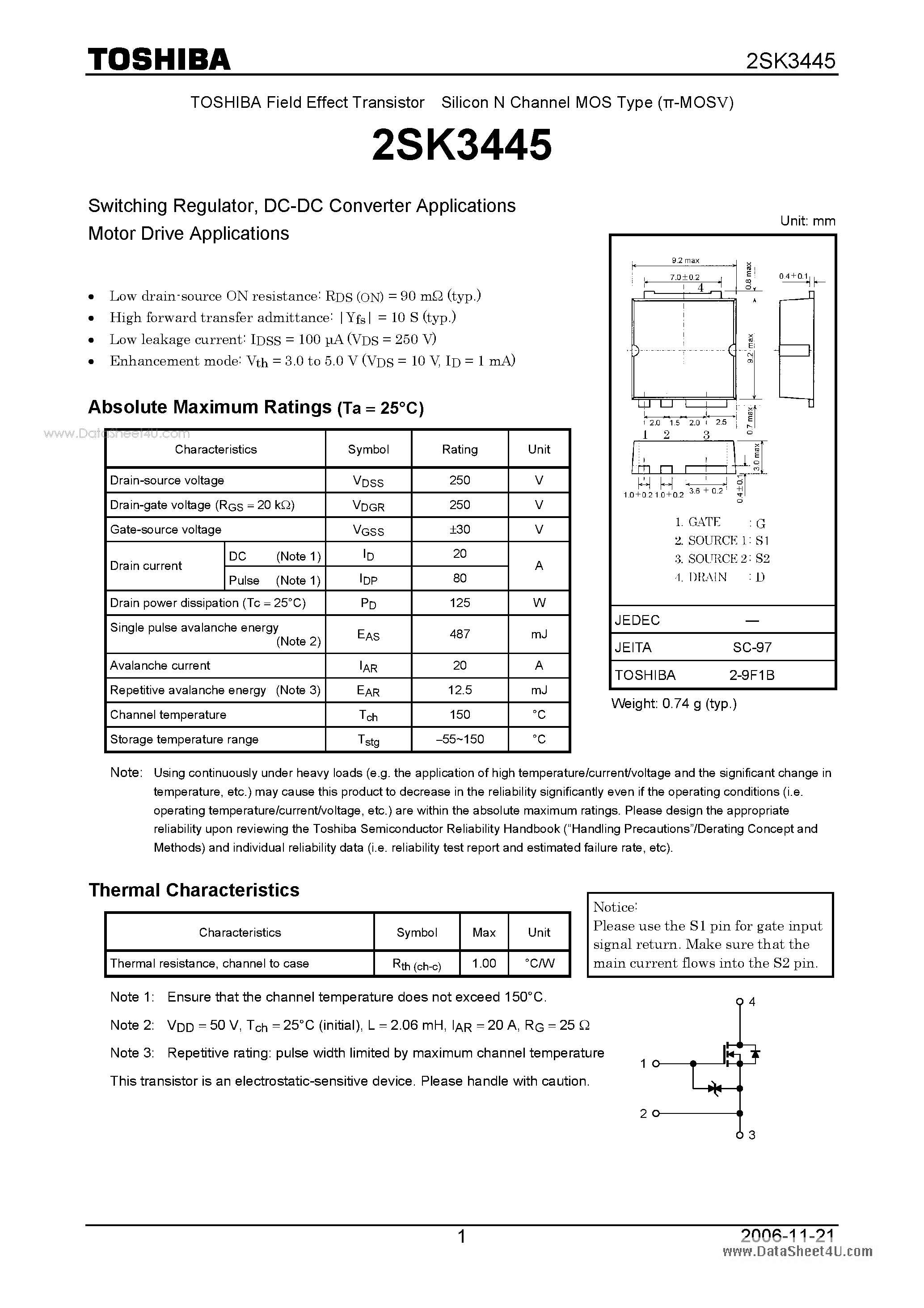 Даташит 2SK3445 - DC-DC Converter Applications страница 1
