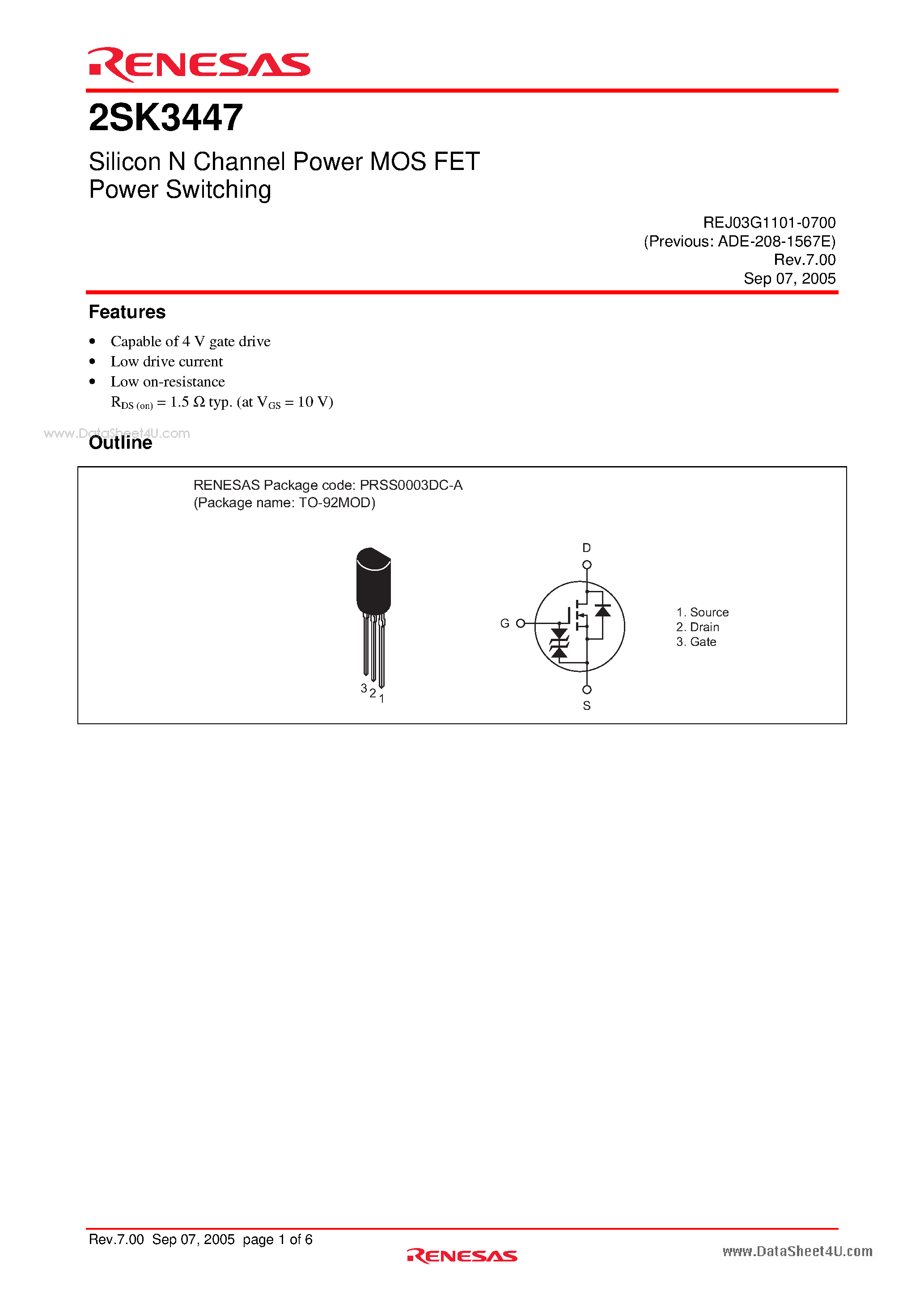 Datasheet 2SK3447 - Silicon N Channel Power MOS FET Power Switching page 1