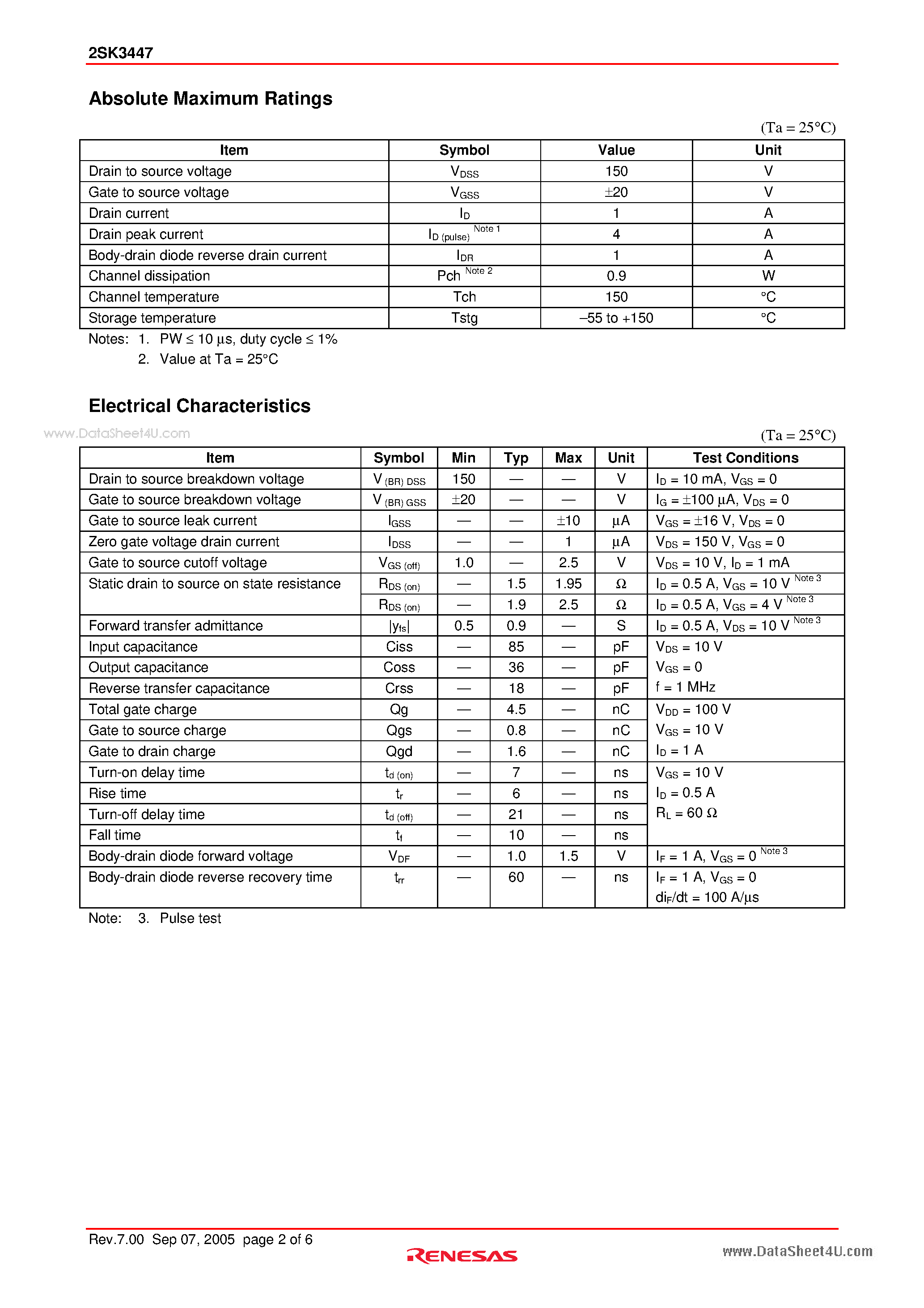 Datasheet 2SK3447 - Silicon N Channel Power MOS FET Power Switching page 2