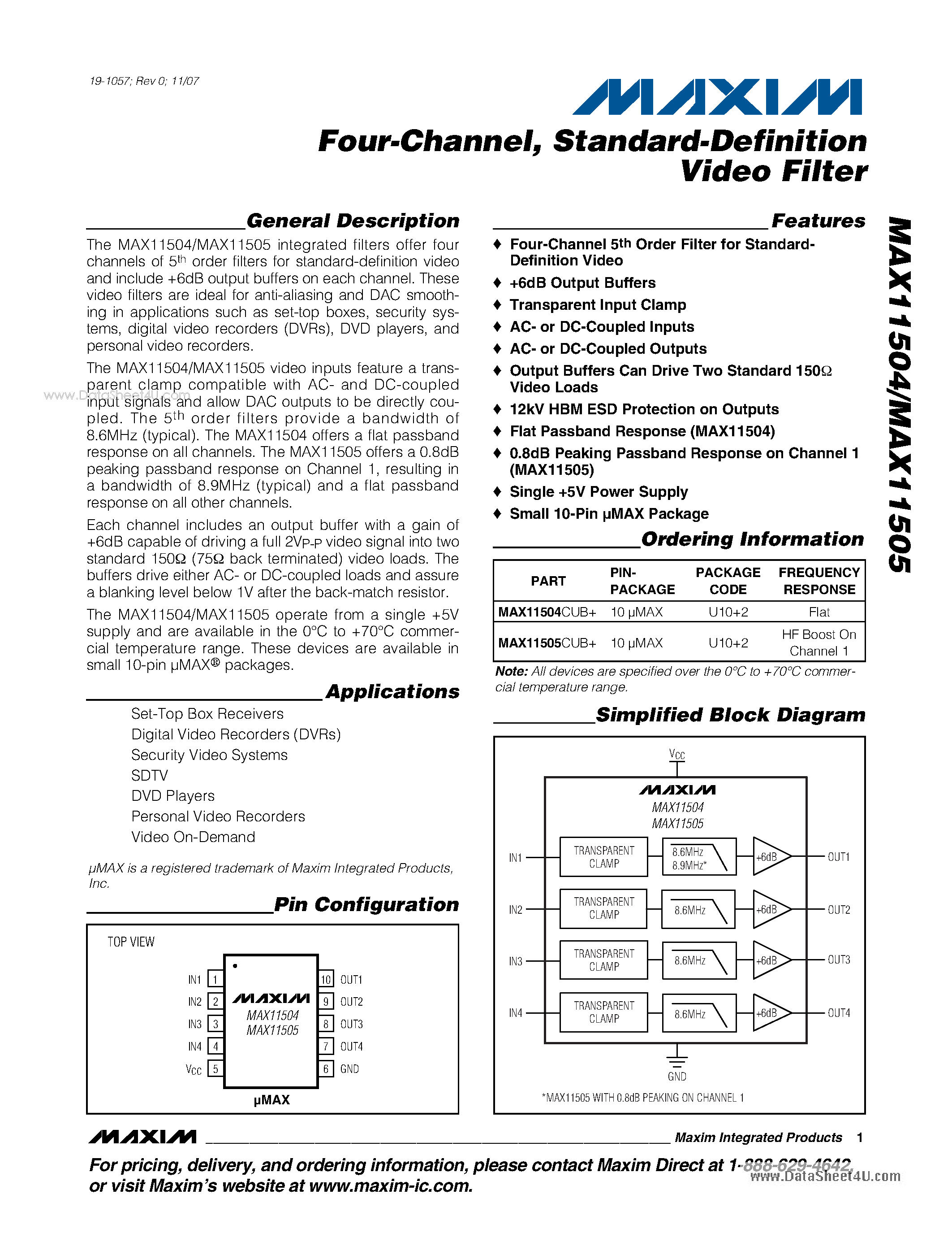 Даташит на микросхему MAX11504 страница 1 Даташит MAX11504 - Standard-Definition Video Filter страница 1