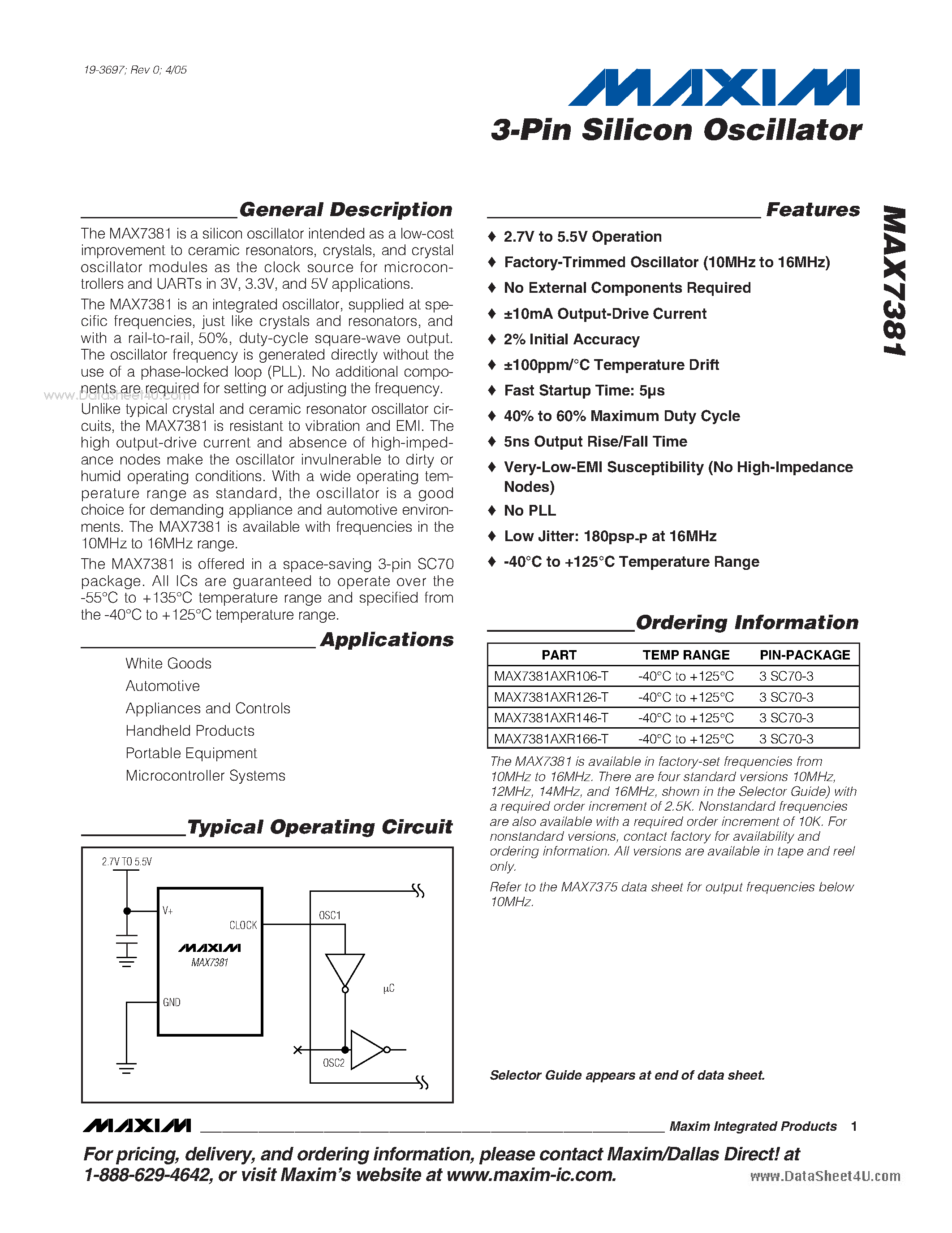 Datasheet MAX7381 - 3-Pin Silicon Oscillator page 1