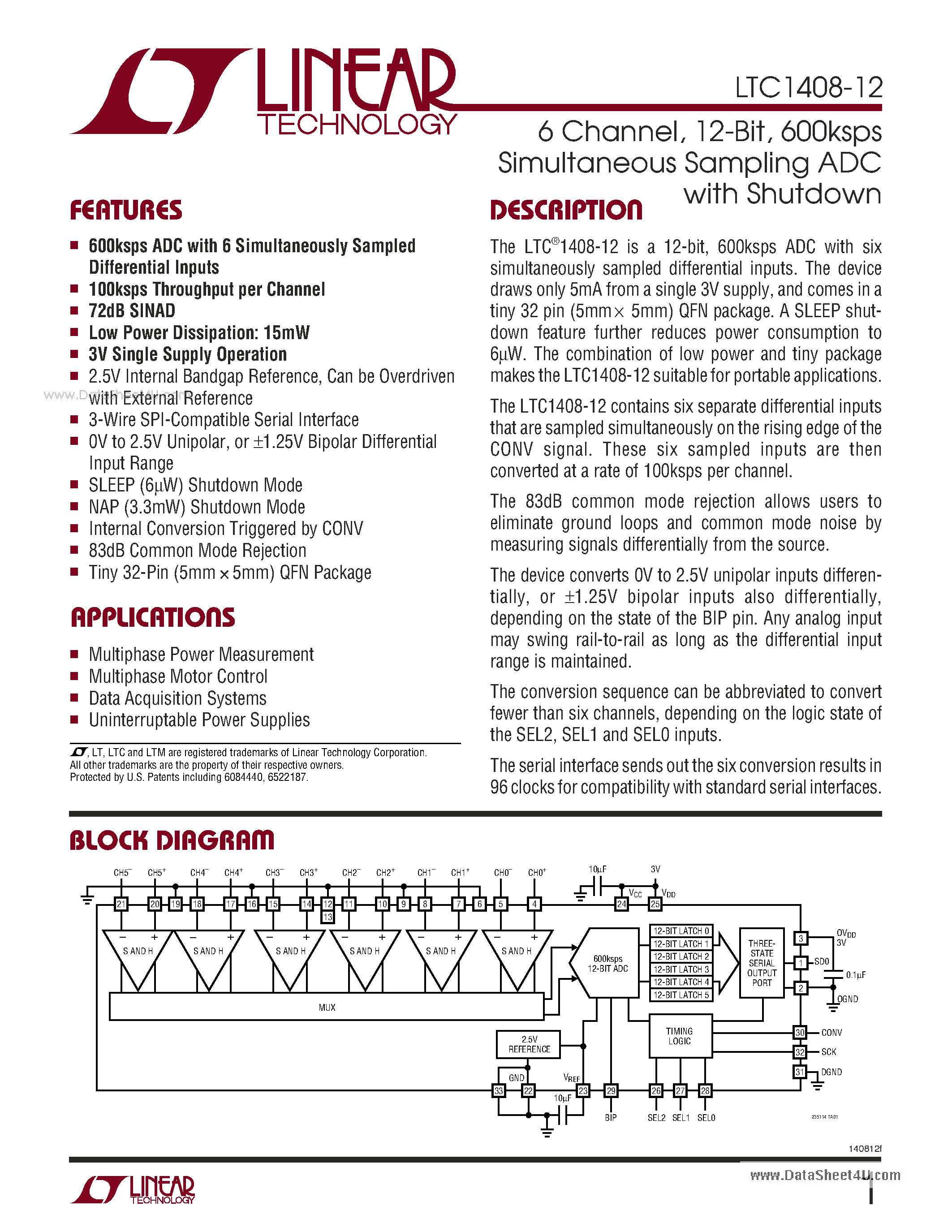 Datasheet LTC1408-12 - 600ksps Simultaneous Sampling ADC page 1