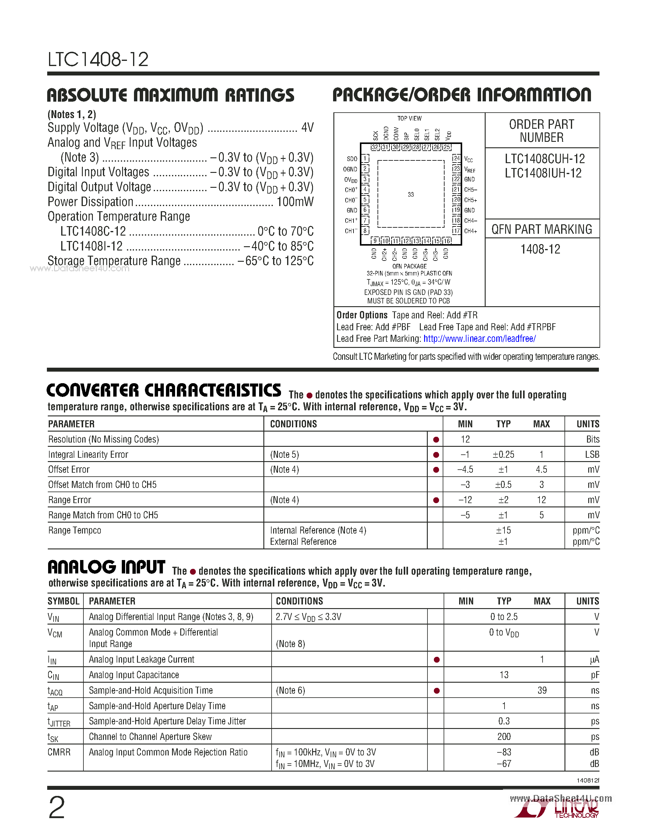 Datasheet LTC1408-12 - 600ksps Simultaneous Sampling ADC page 2
