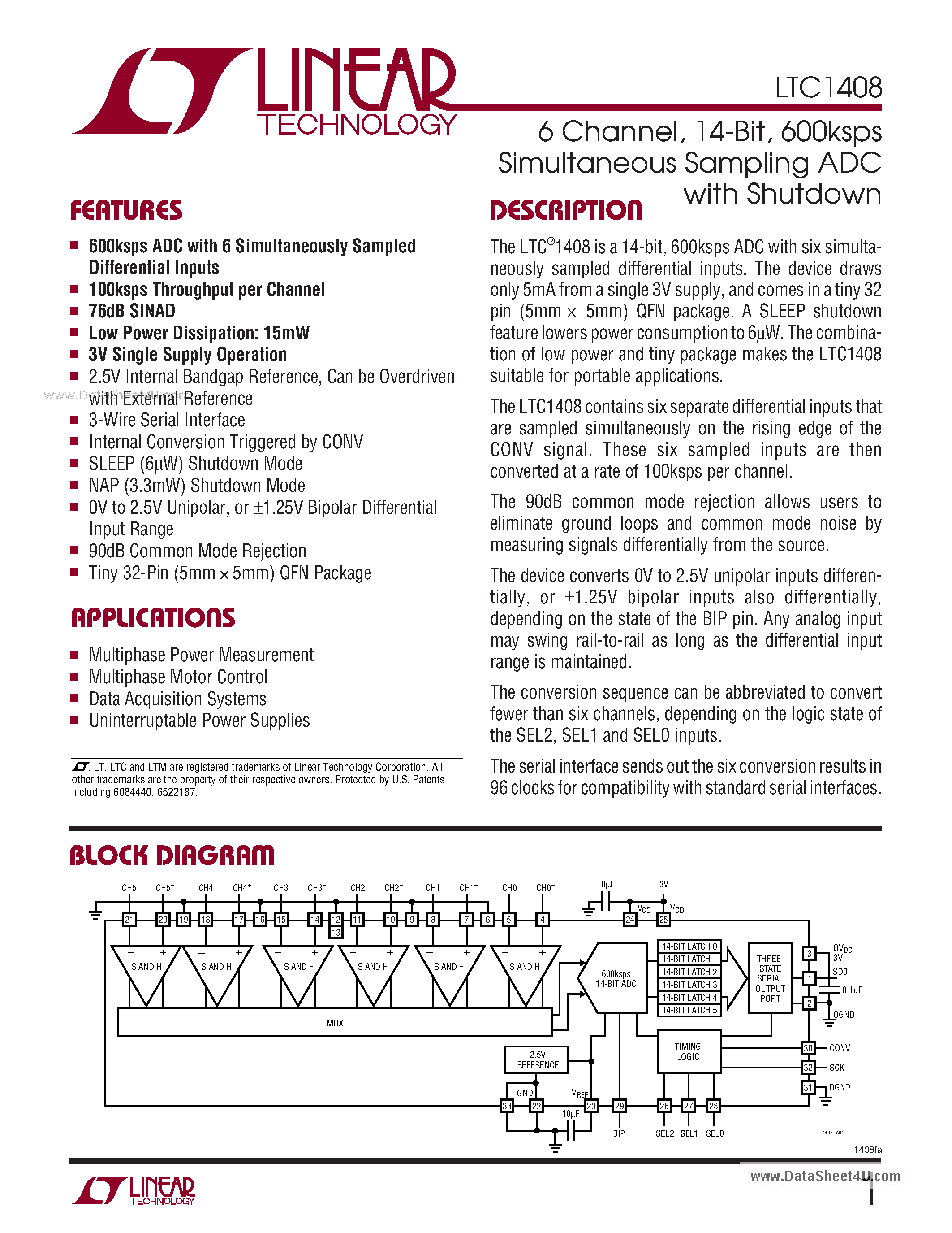 Datasheet LTC1408 - 600ksps Simultaneous Sampling ADC page 1