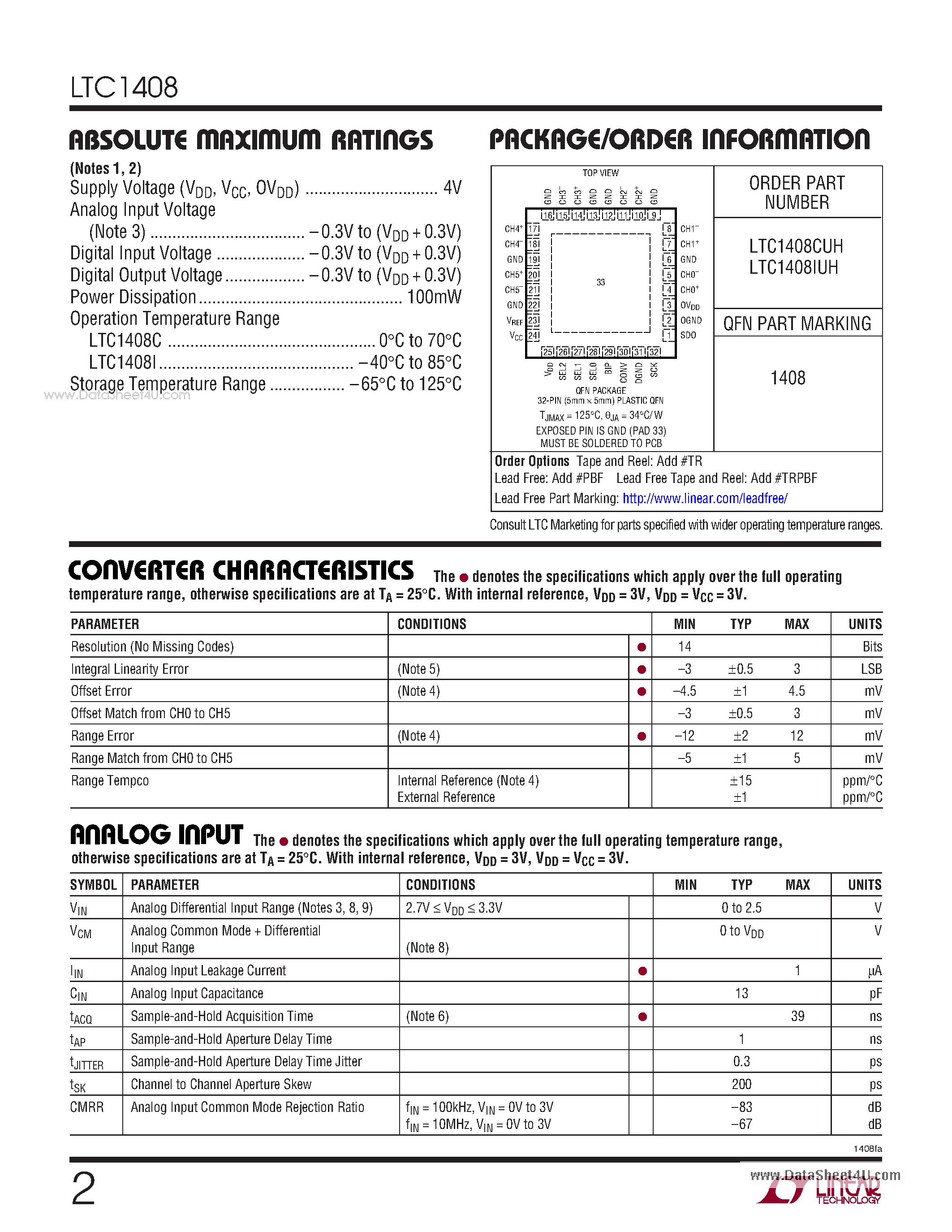 Datasheet LTC1408 - 600ksps Simultaneous Sampling ADC page 2