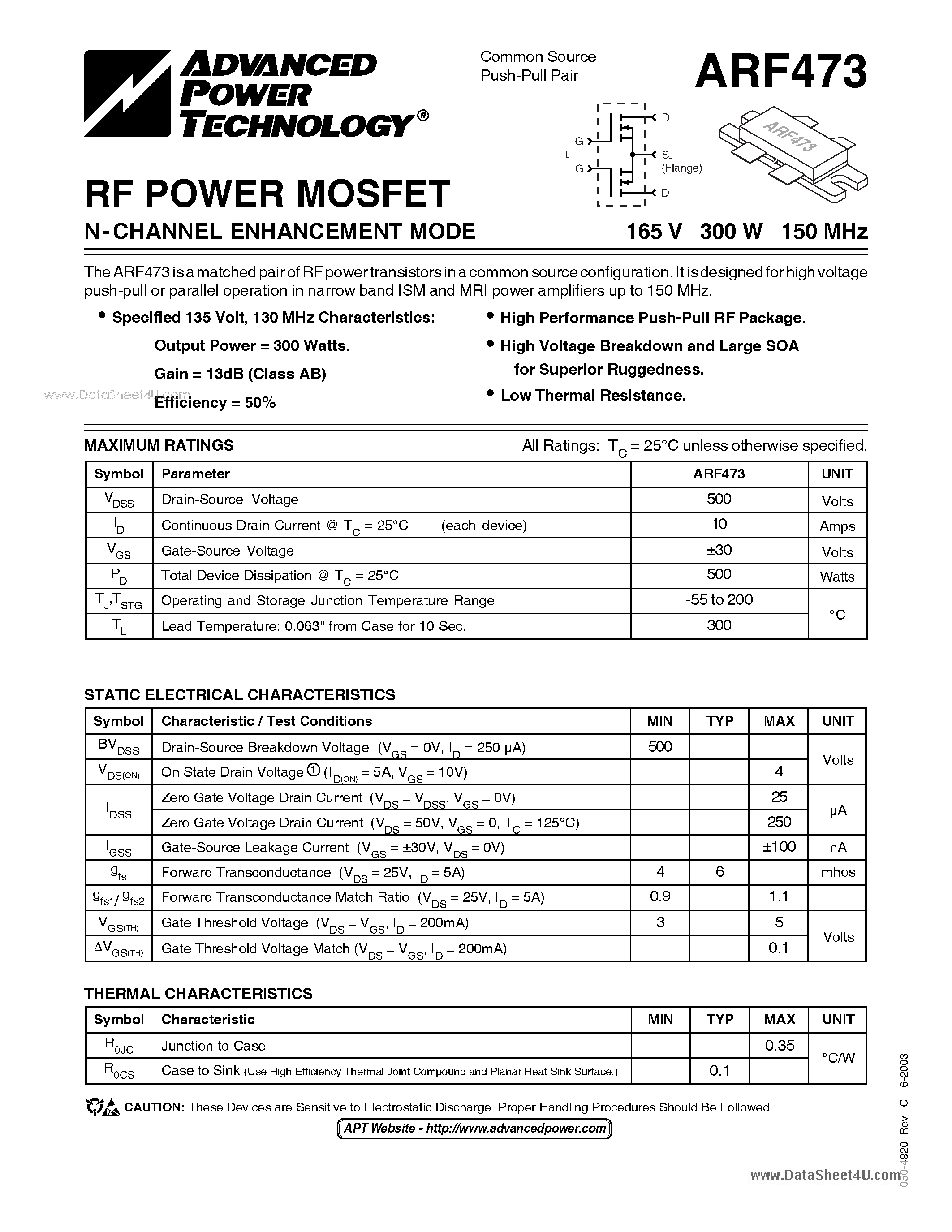 Datasheet ARF473 - N-channel Enhancement MODE Power MOSFETs page 1