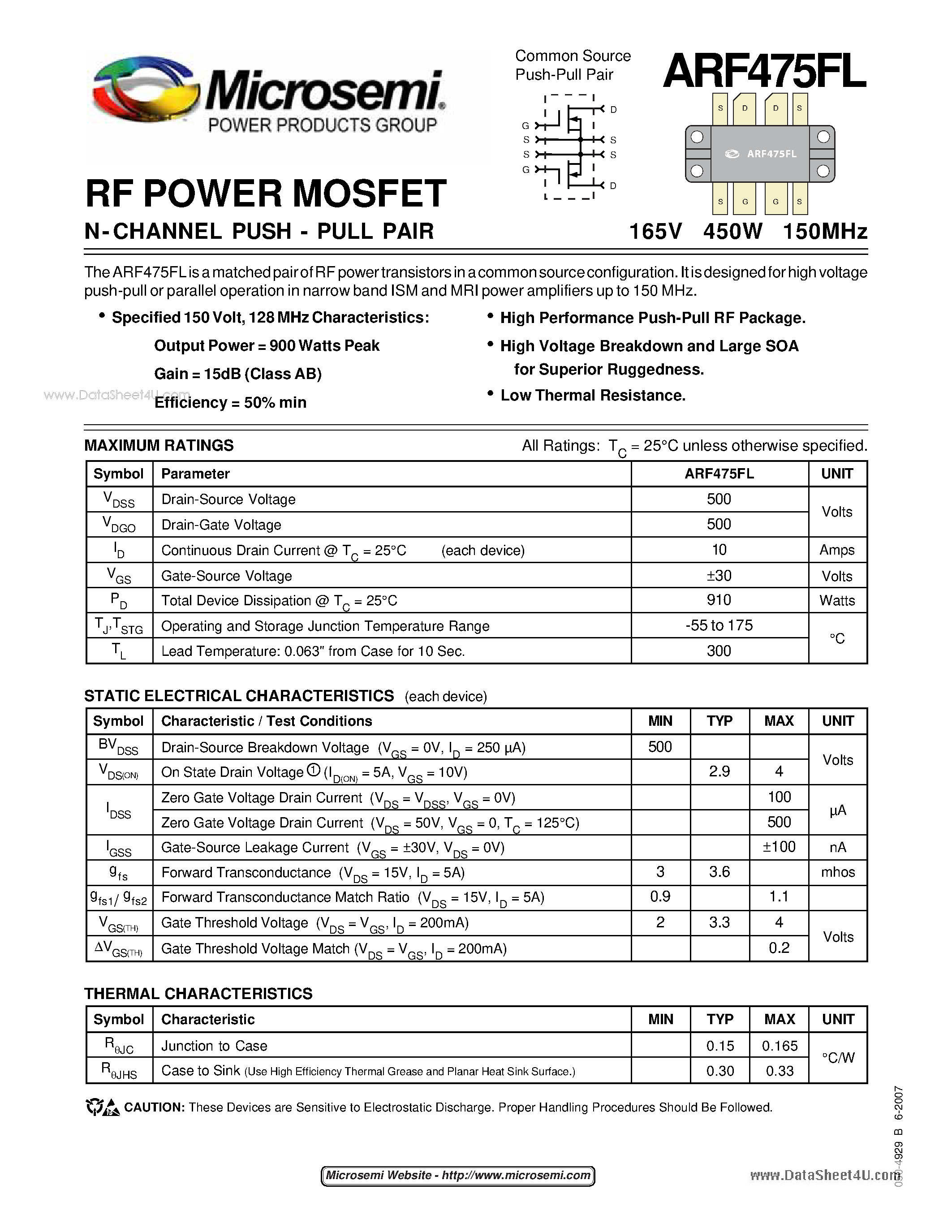 Datasheet ARF475FL - POWER MOSFET N-CHANNEL PUSH - PULL PAIR page 1