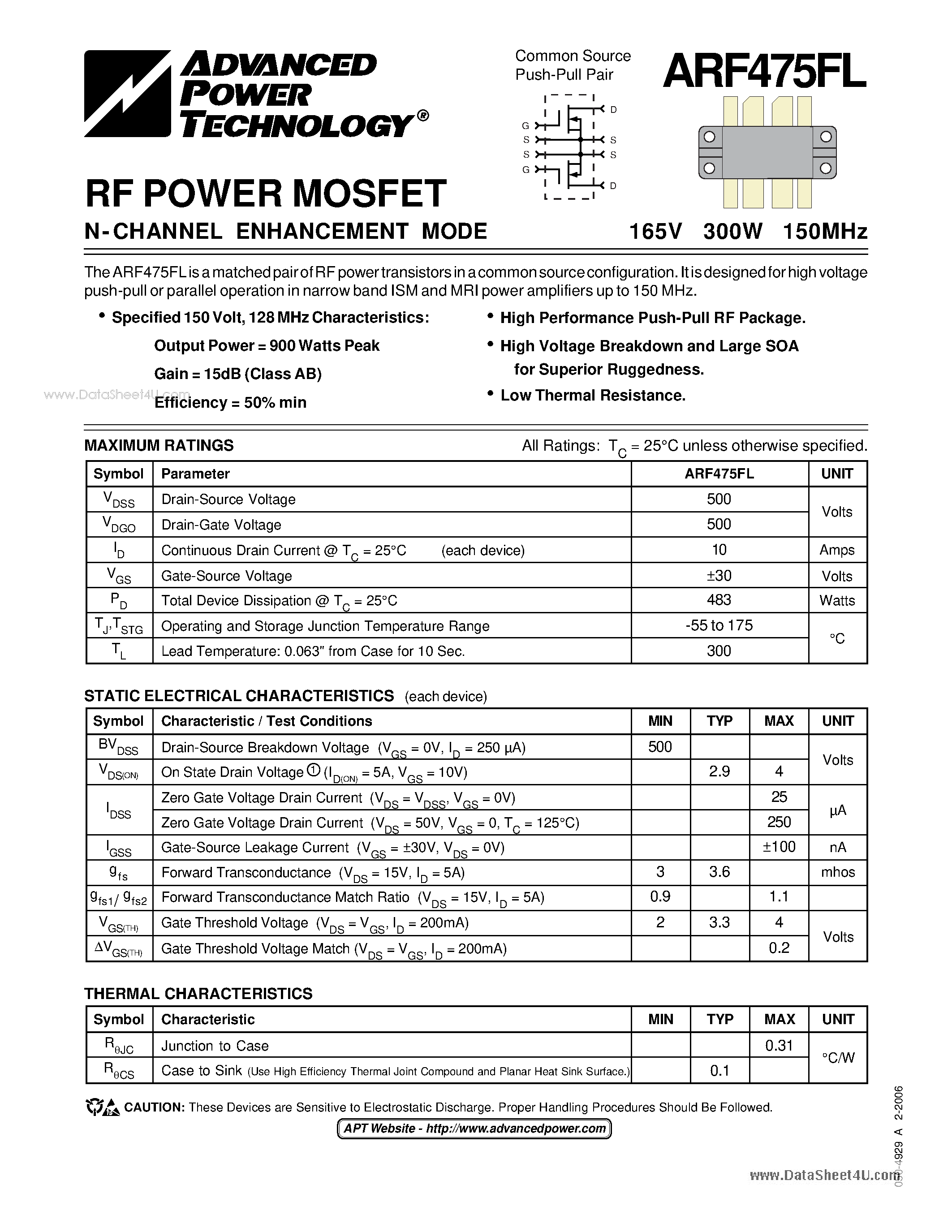 Datasheet ARF475FL - N-channel Enhancement MODE Power MOSFETs page 1