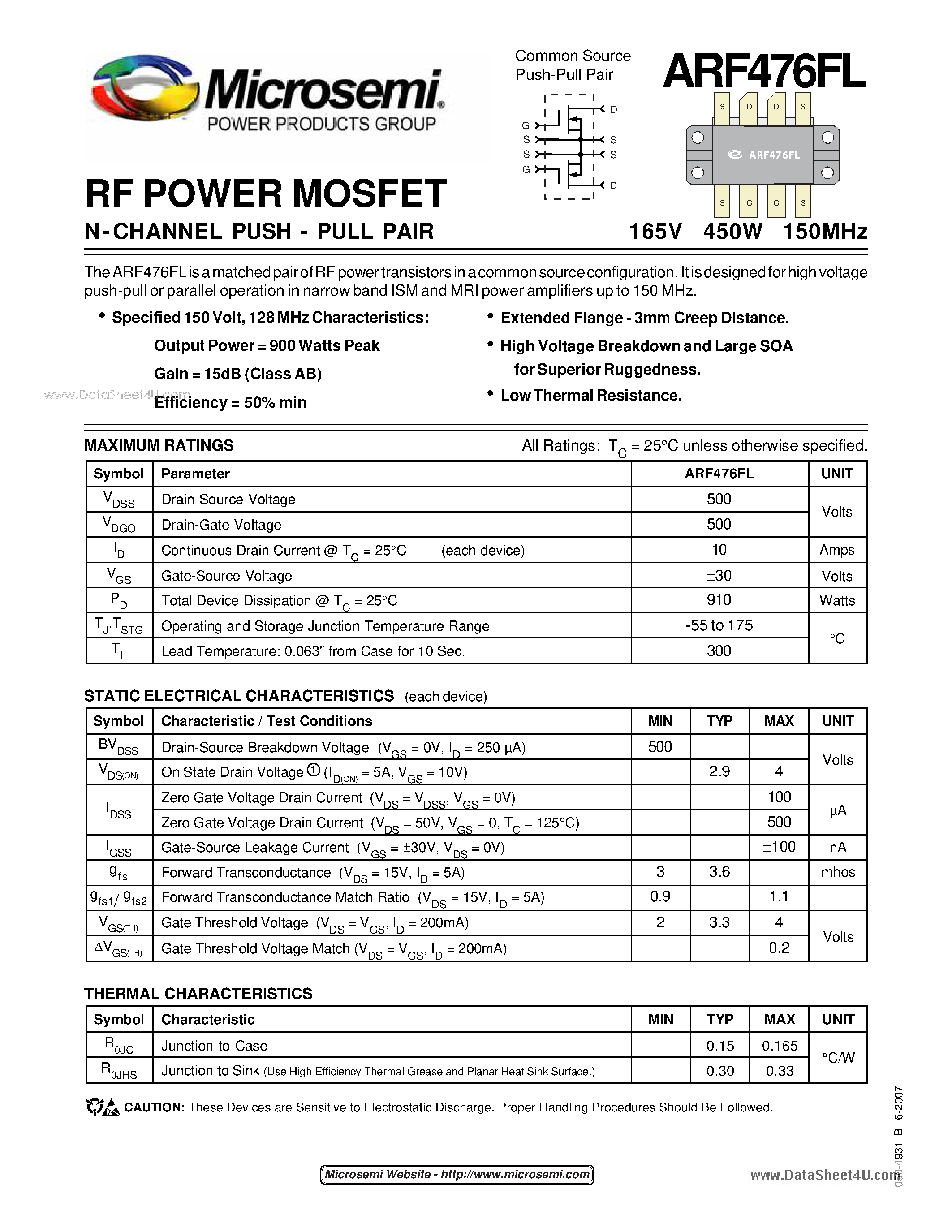 Datasheet ARF476FL - POWER MOSFET N-CHANNEL PUSH - PULL PAIR page 1