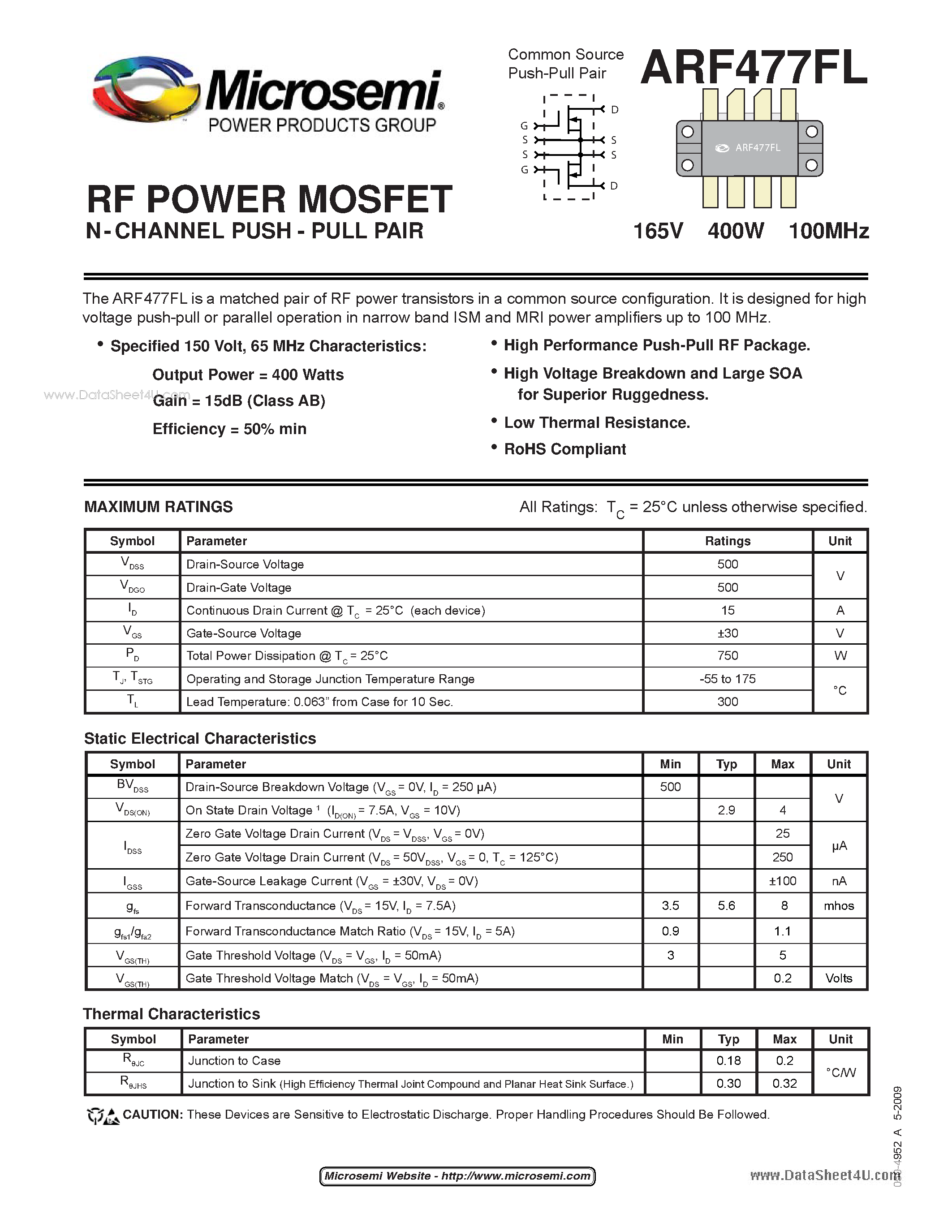 Datasheet ARF477FL - POWER MOSFET N-CHANNEL PUSH - PULL PAIR page 1