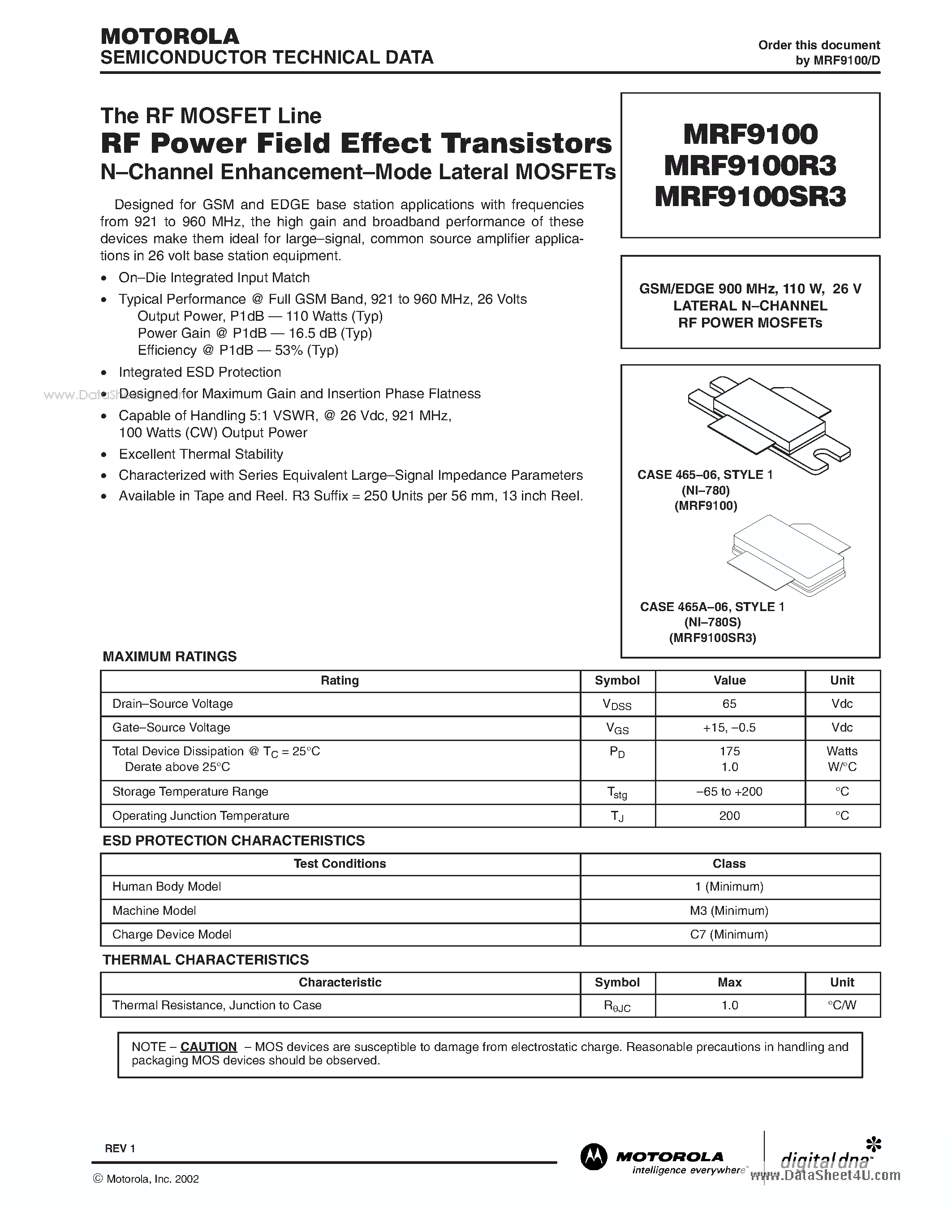 Даташит MRF9100 - 26 V LATERAL N-CHANNEL RF POWER MOSFETs страница 1