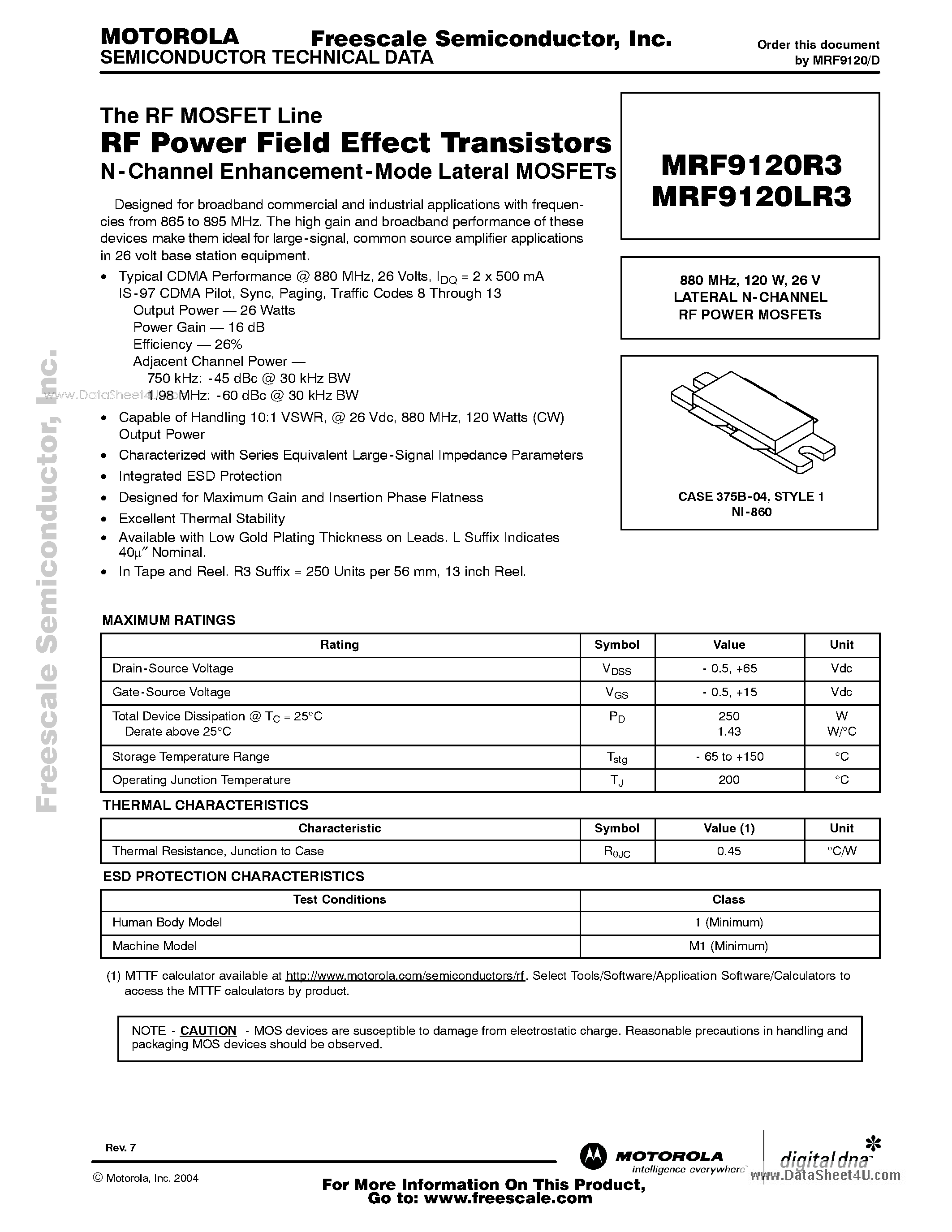 Даташит MRF9120LR3 - 26 V LATERAL N-CHANNEL RF POWER MOSFETs страница 1