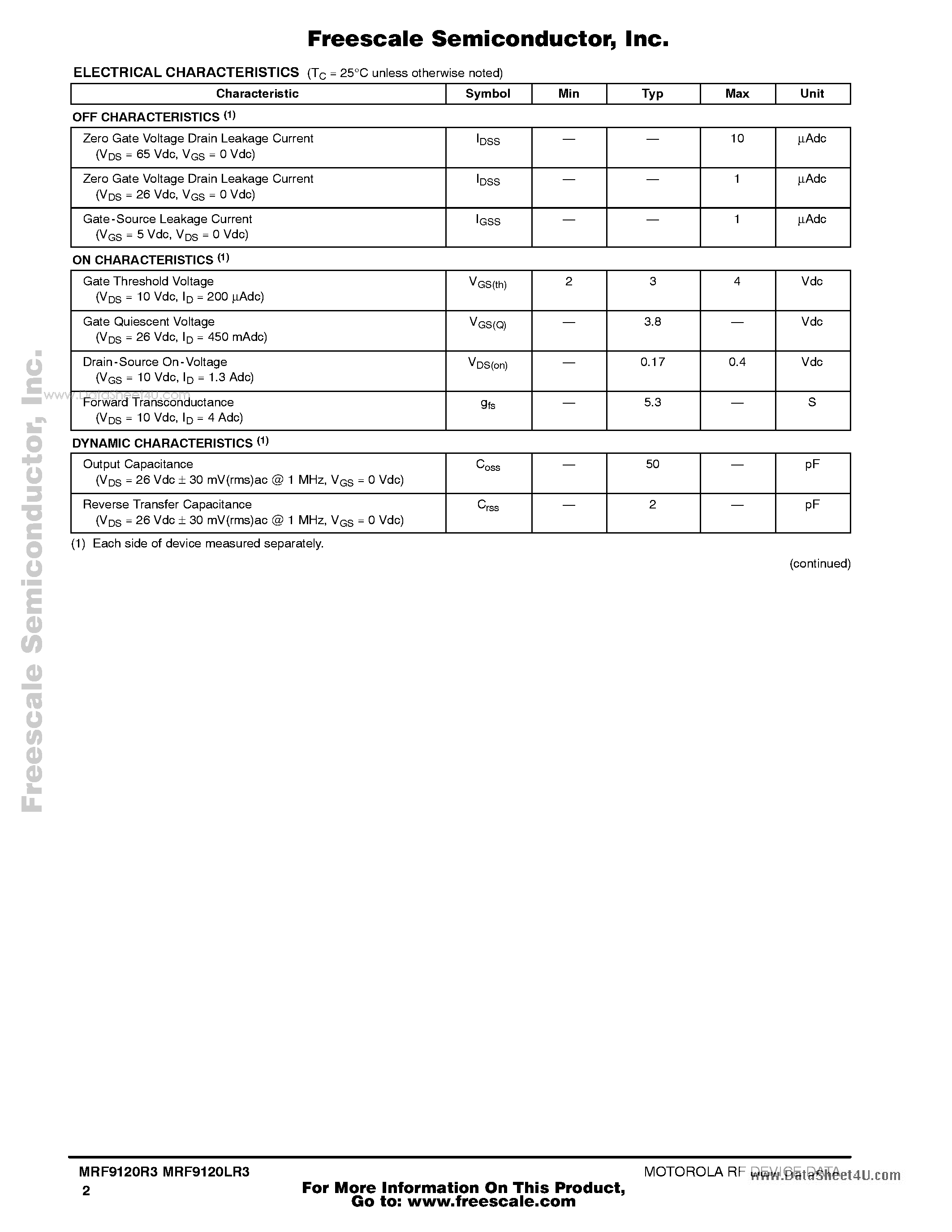 Даташит MRF9120LR3 - 26 V LATERAL N-CHANNEL RF POWER MOSFETs страница 2