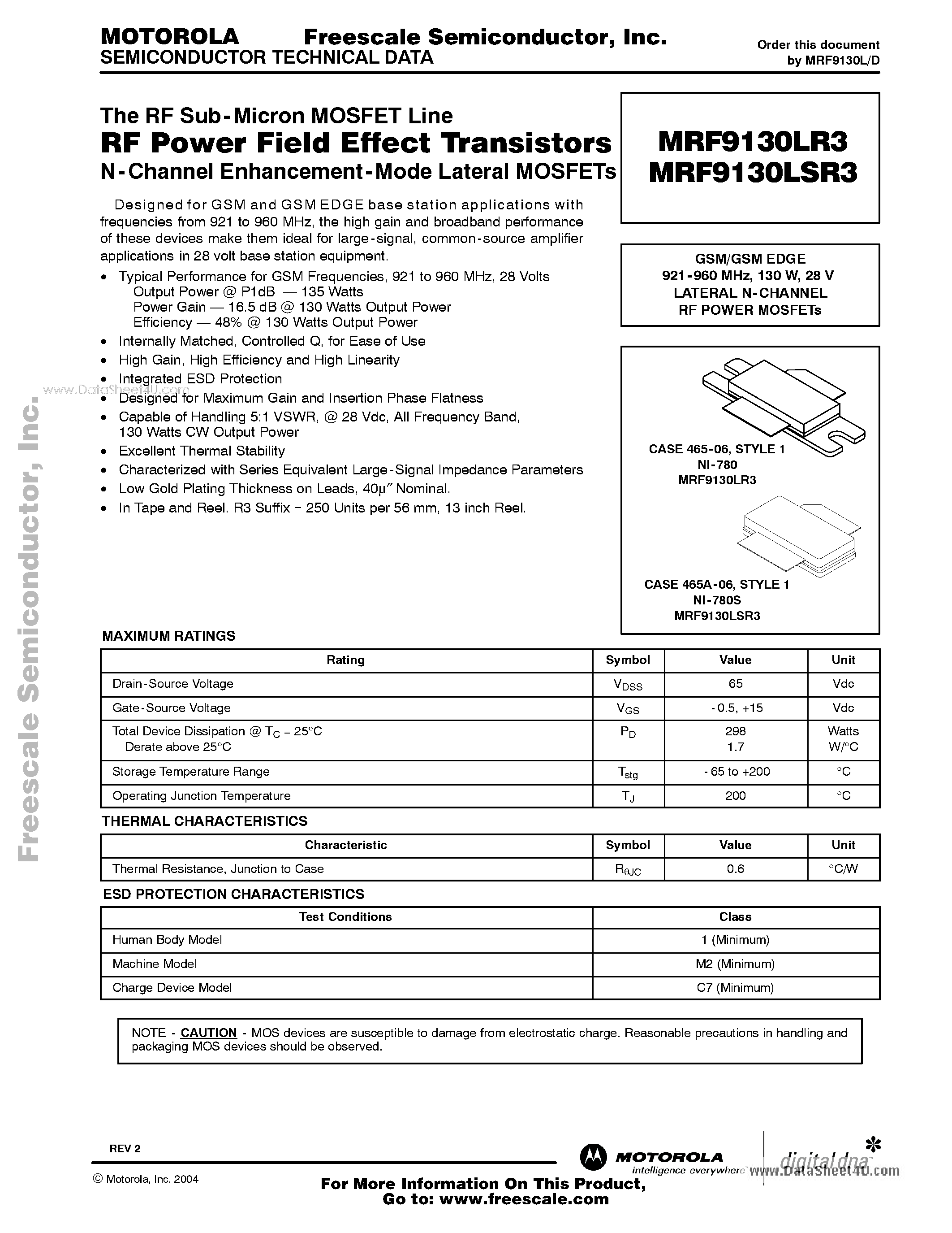 Даташит на микросхему MRF9130LR3 страница 1 Даташит MRF9130LR3 - 28 V LATERAL N-CHANNEL RF POWER MOSFETs страница 1