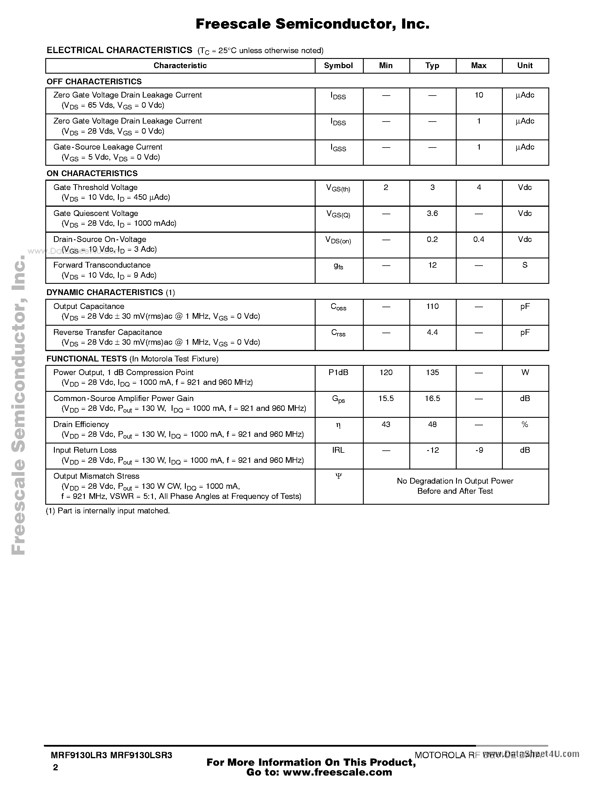 Даташит на микросхему MRF9130LR3 страница 2 Даташит MRF9130LR3 - 28 V LATERAL N-CHANNEL RF POWER MOSFETs страница 2