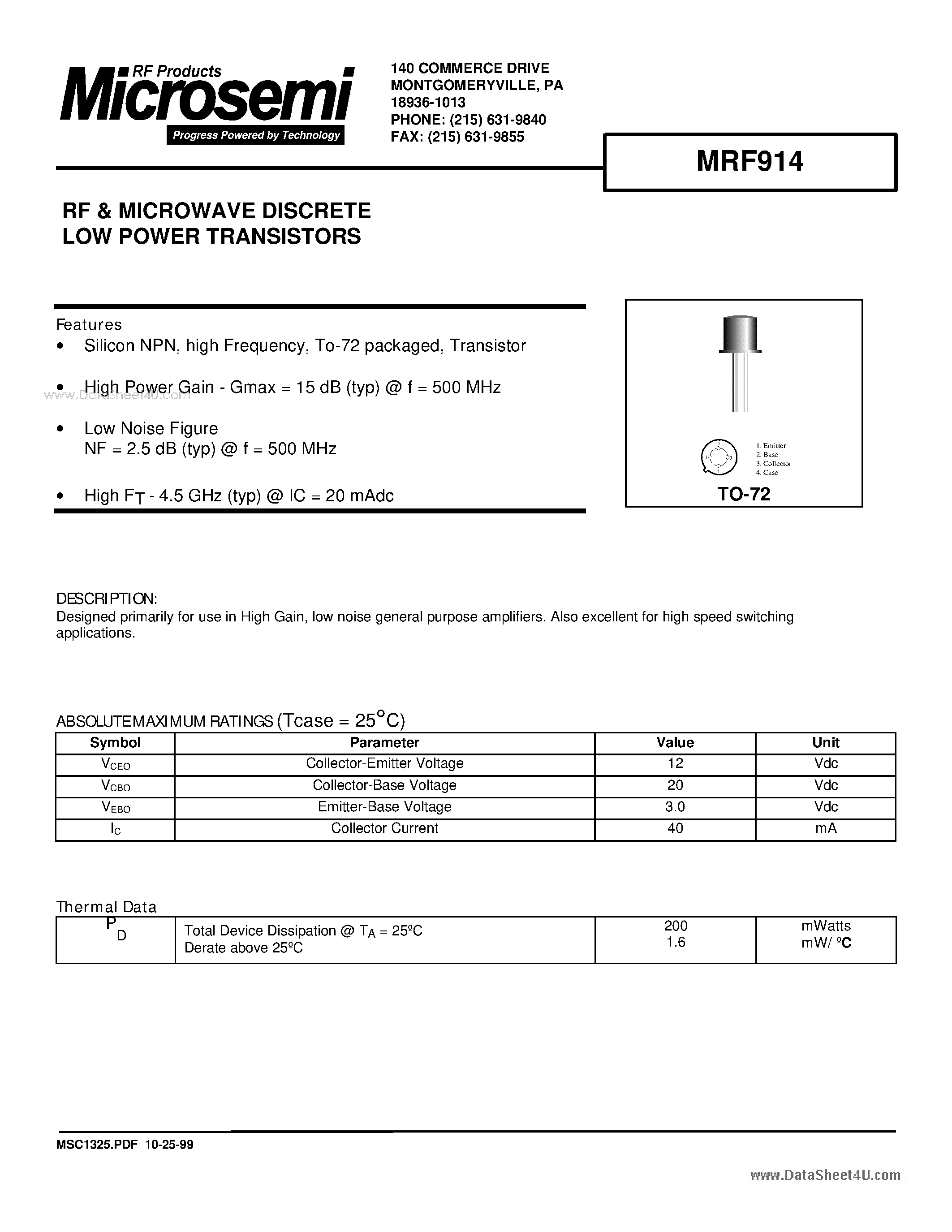 Datasheet MRF914 - RF & MICROWAVE DISCRETE LOW POWER TRANSISTORS page 1