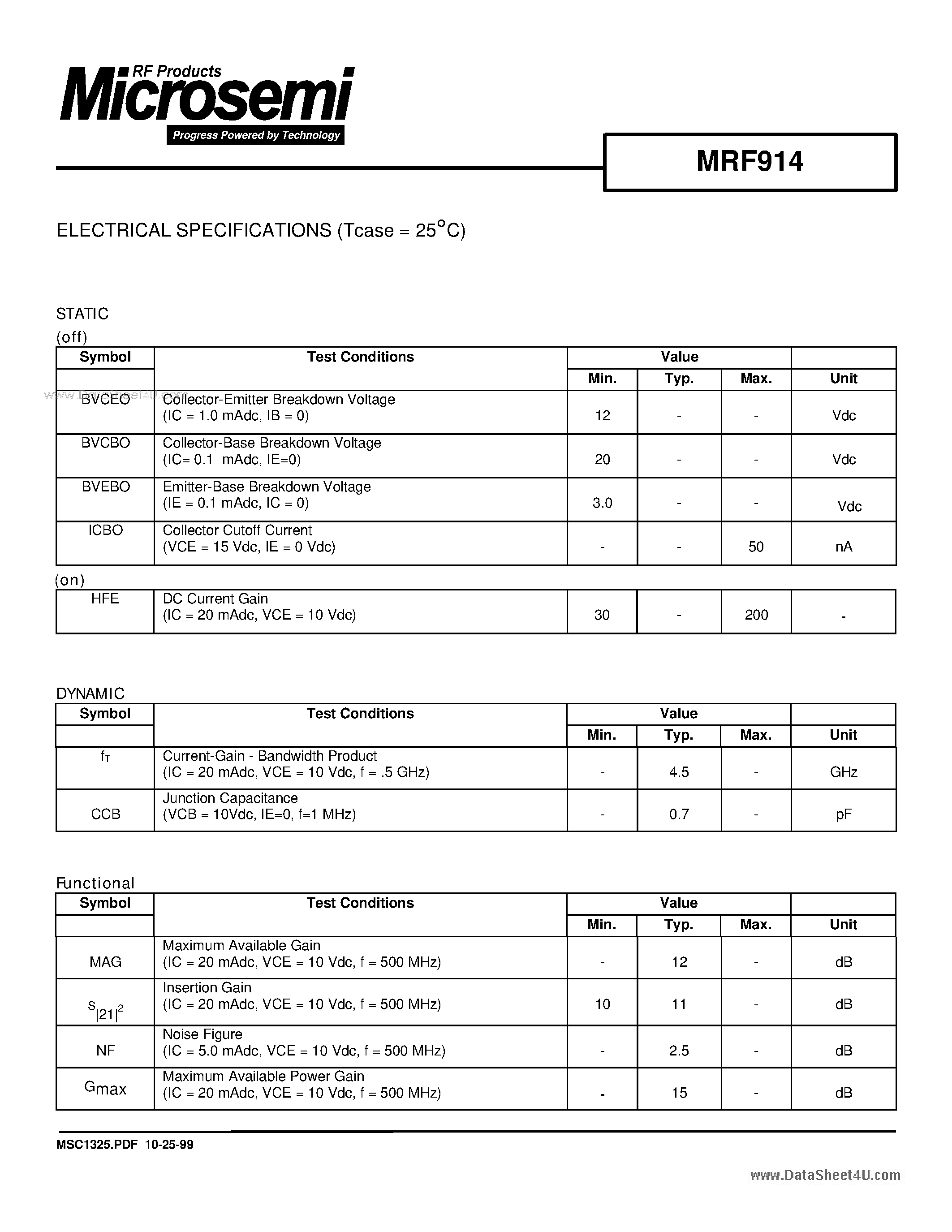 Datasheet MRF914 - RF & MICROWAVE DISCRETE LOW POWER TRANSISTORS page 2