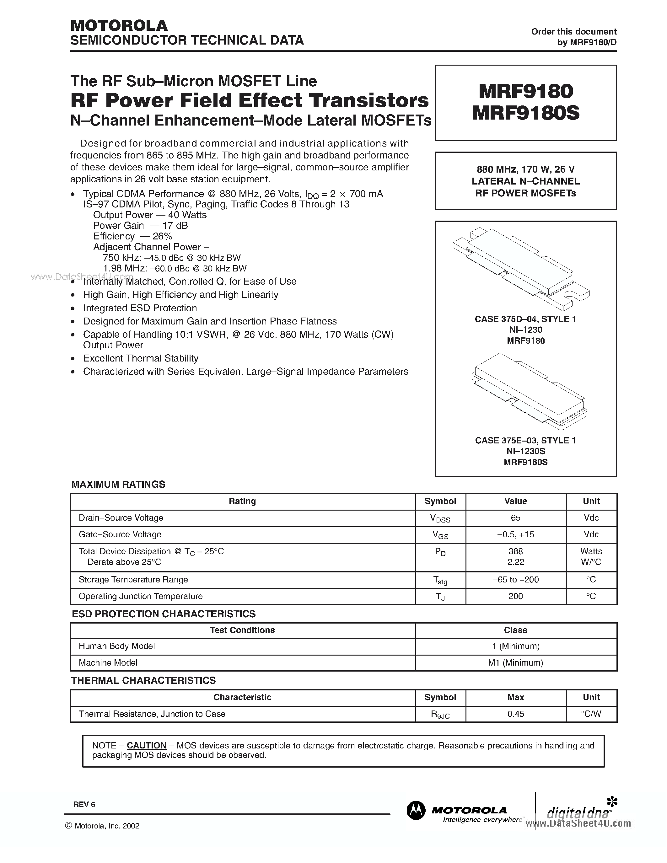 Даташит MRF9180 - 26 V LATERAL N-CHANNEL RF POWER MOSFETs страница 1