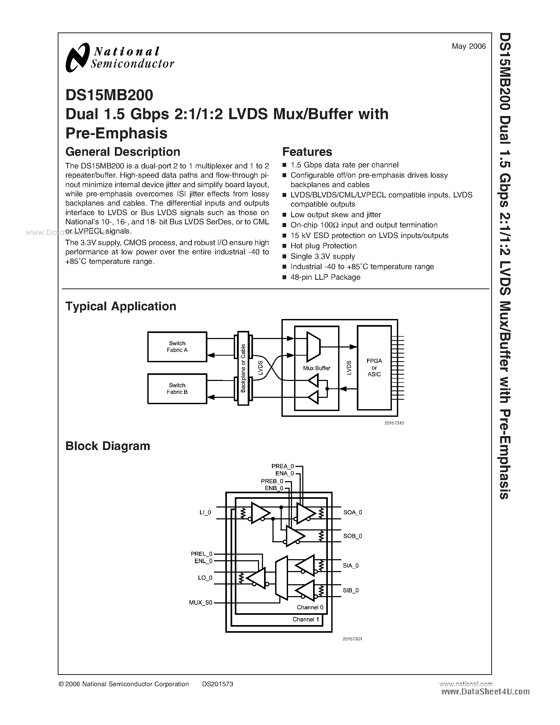 Datasheet DS15MB200 - Dual 1.5 Gbps 2:1/1:2 LVDS Mux/Buffer page 1