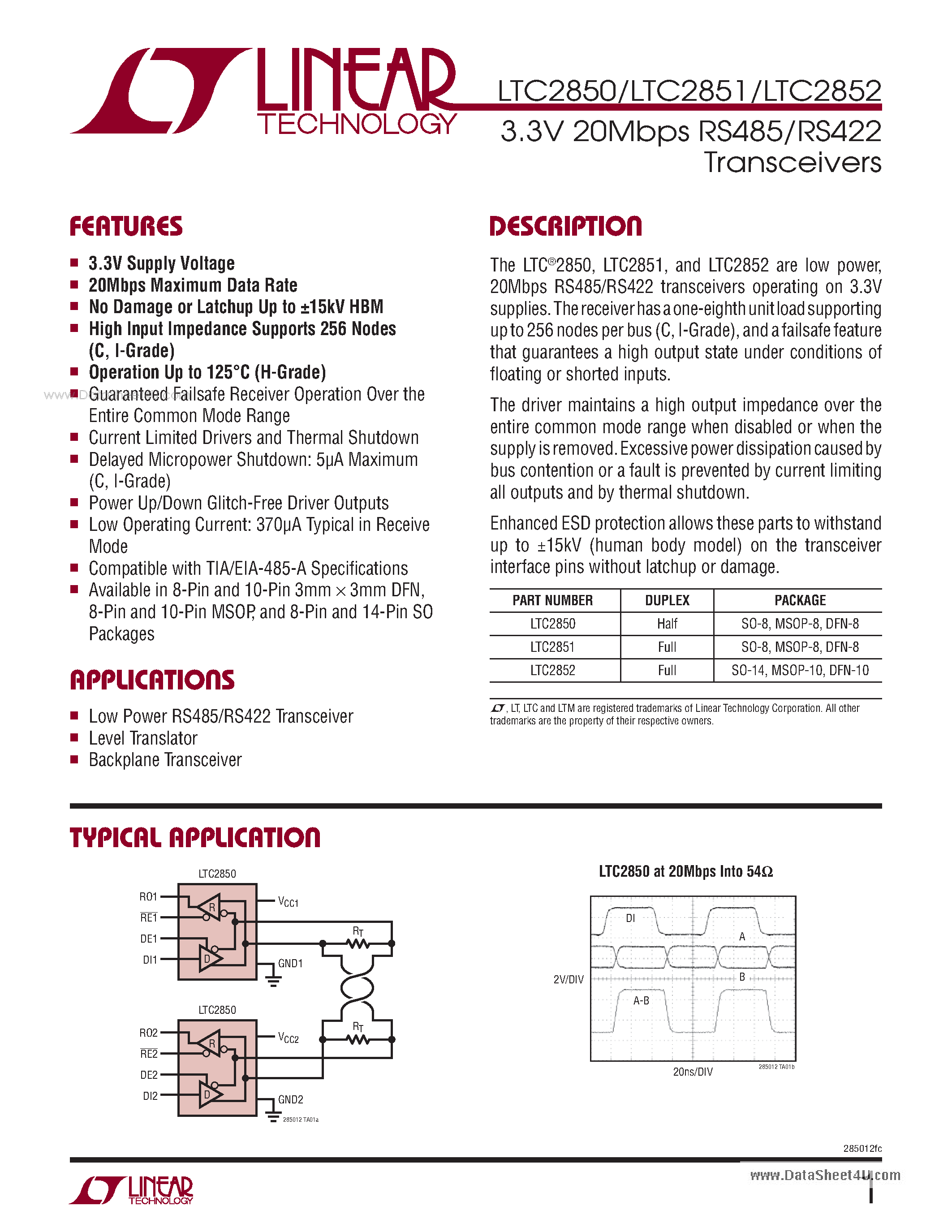 Datasheet LTC2850 - 3.3V 20Mbps RS485/RS422 Transceivers page 1