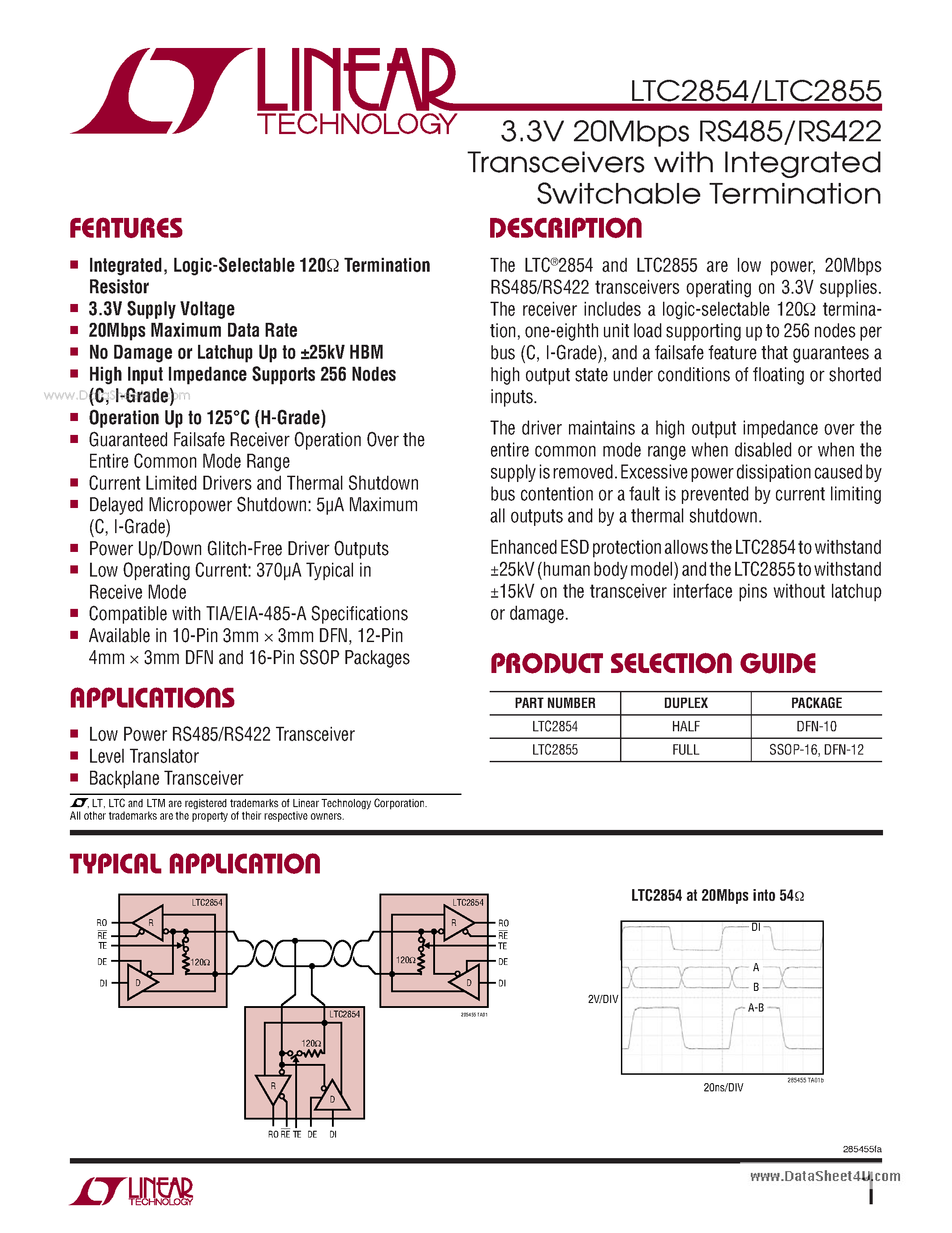 Datasheet LTC2854 - 3.3V 20Mbps RS485/RS422 Transceivers page 1