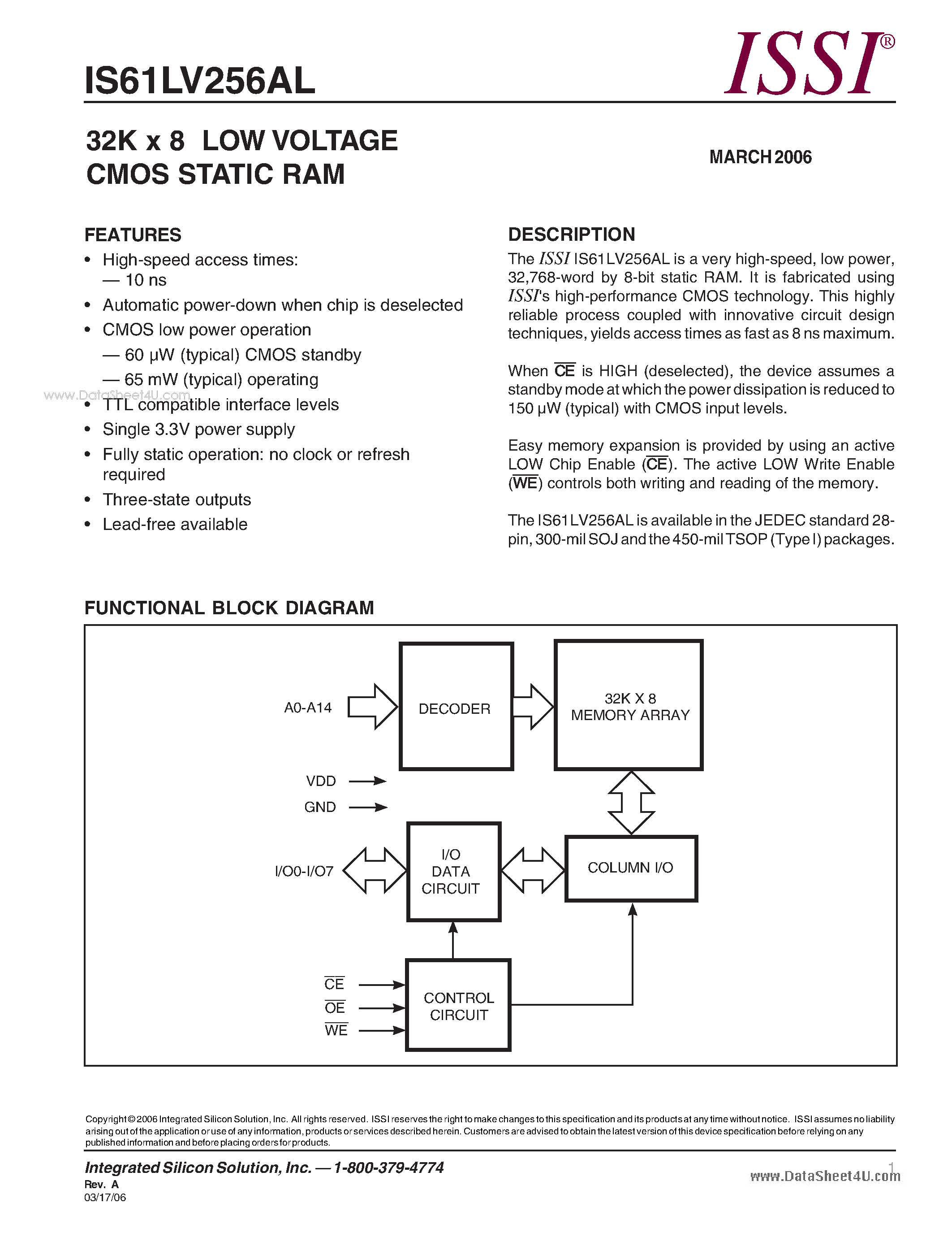 Даташит IS61LV256AL - 32K x 8 LOW VOLTAGE CMOS STATIC RAM страница 1