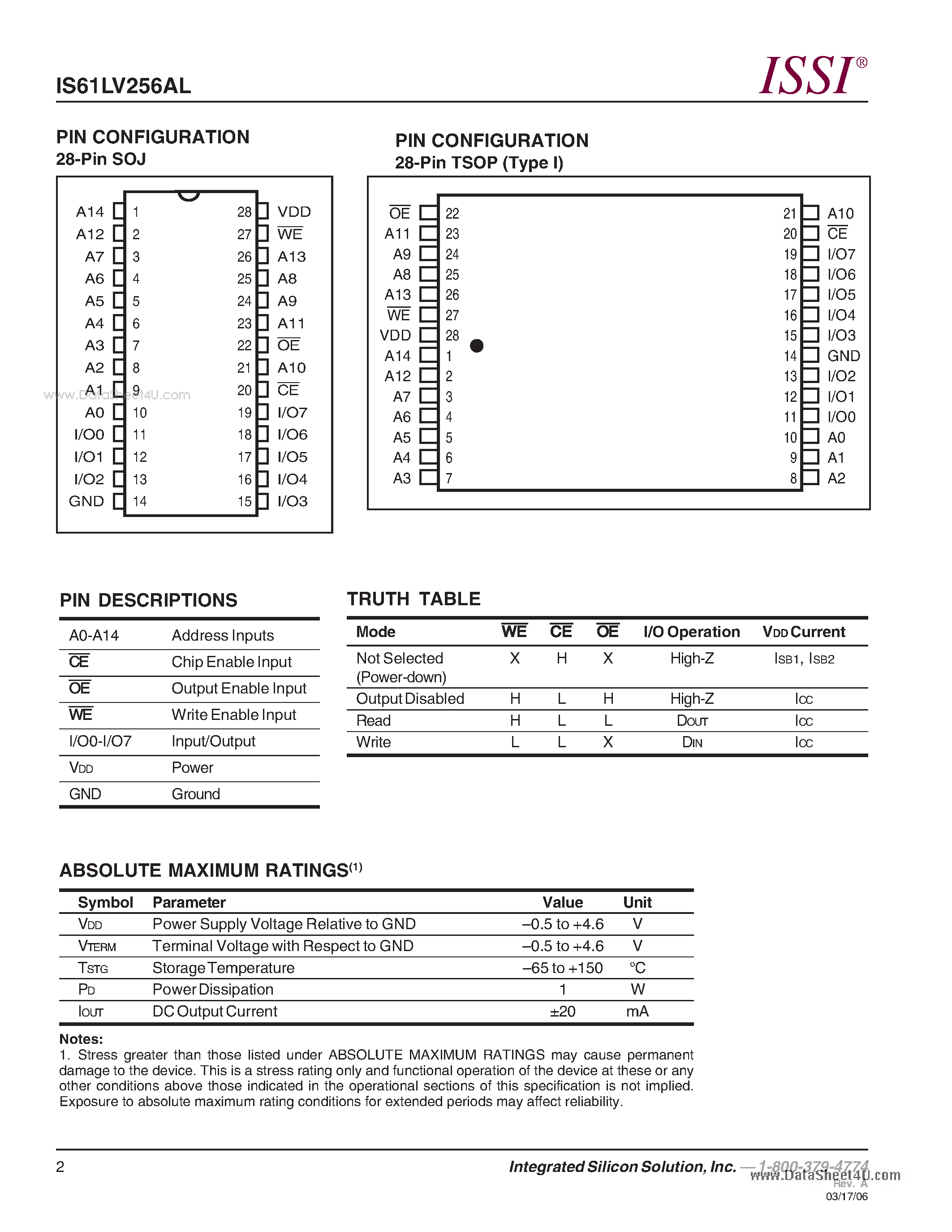 Даташит IS61LV256AL - 32K x 8 LOW VOLTAGE CMOS STATIC RAM страница 2