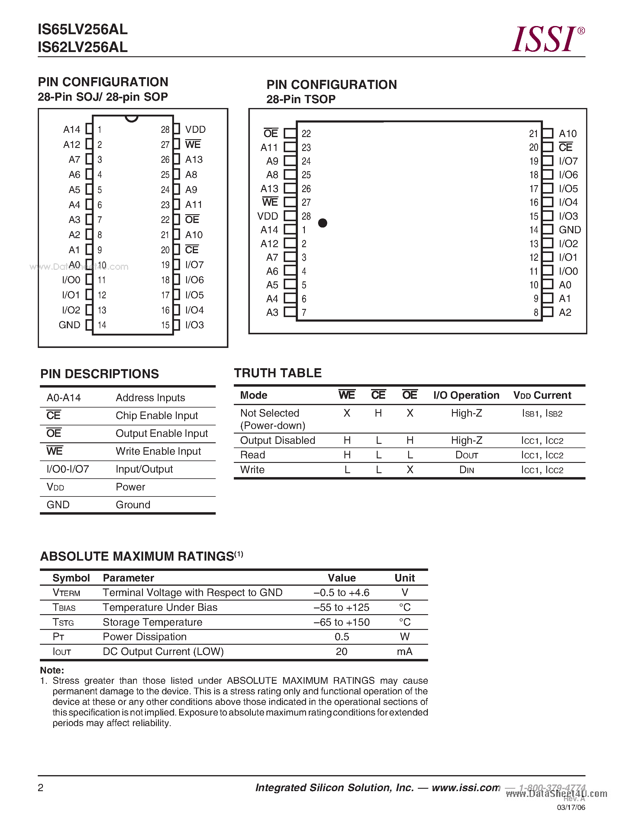 Даташит IS62LV256AL - 32K x 8 LOW VOLTAGE CMOS STATIC RAM страница 2