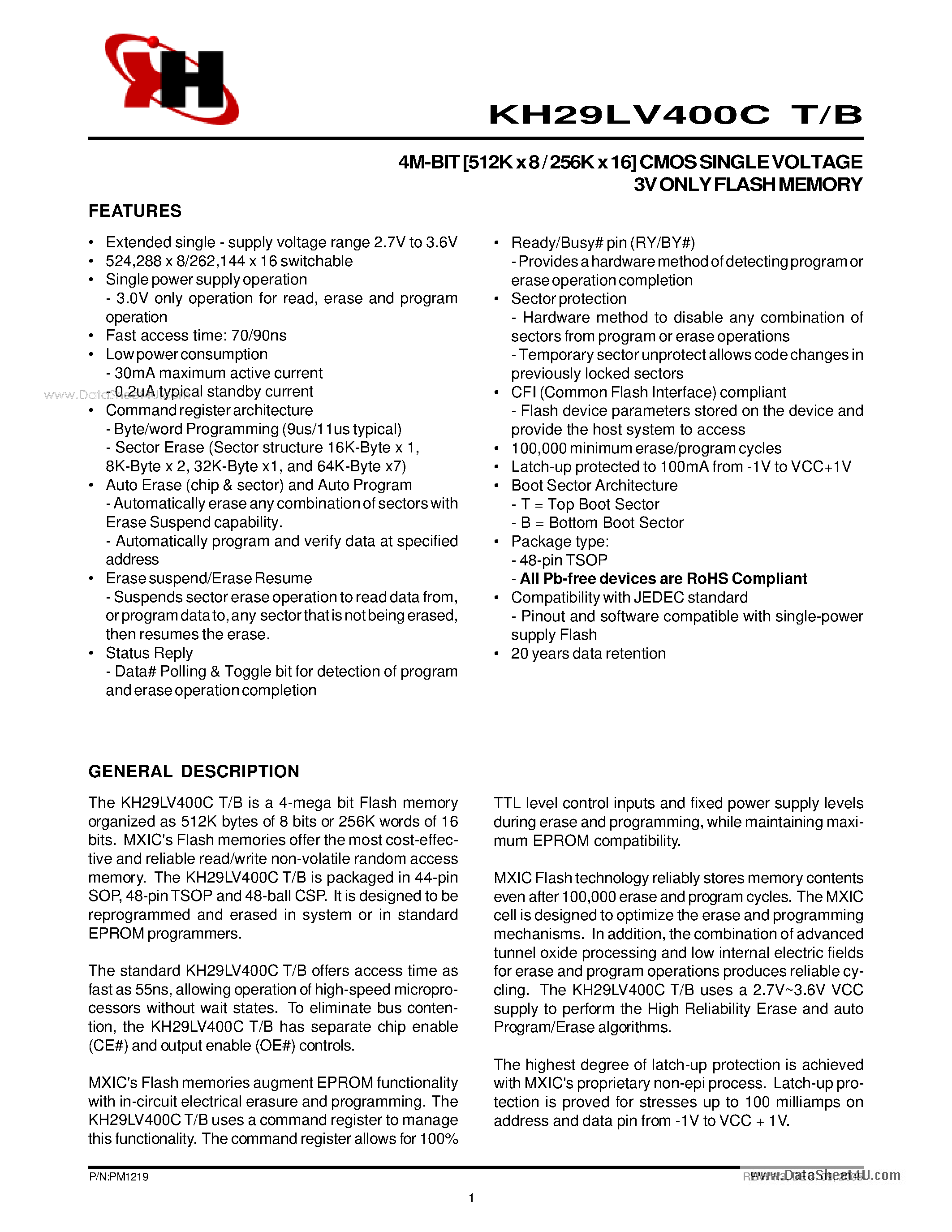 Datasheet KH29LV400CB - 4M-BIT [512K x 8 / 256K x 16] CMOS SINGLE VOLTAGE 3V ONLY FLASH MEMORY page 1