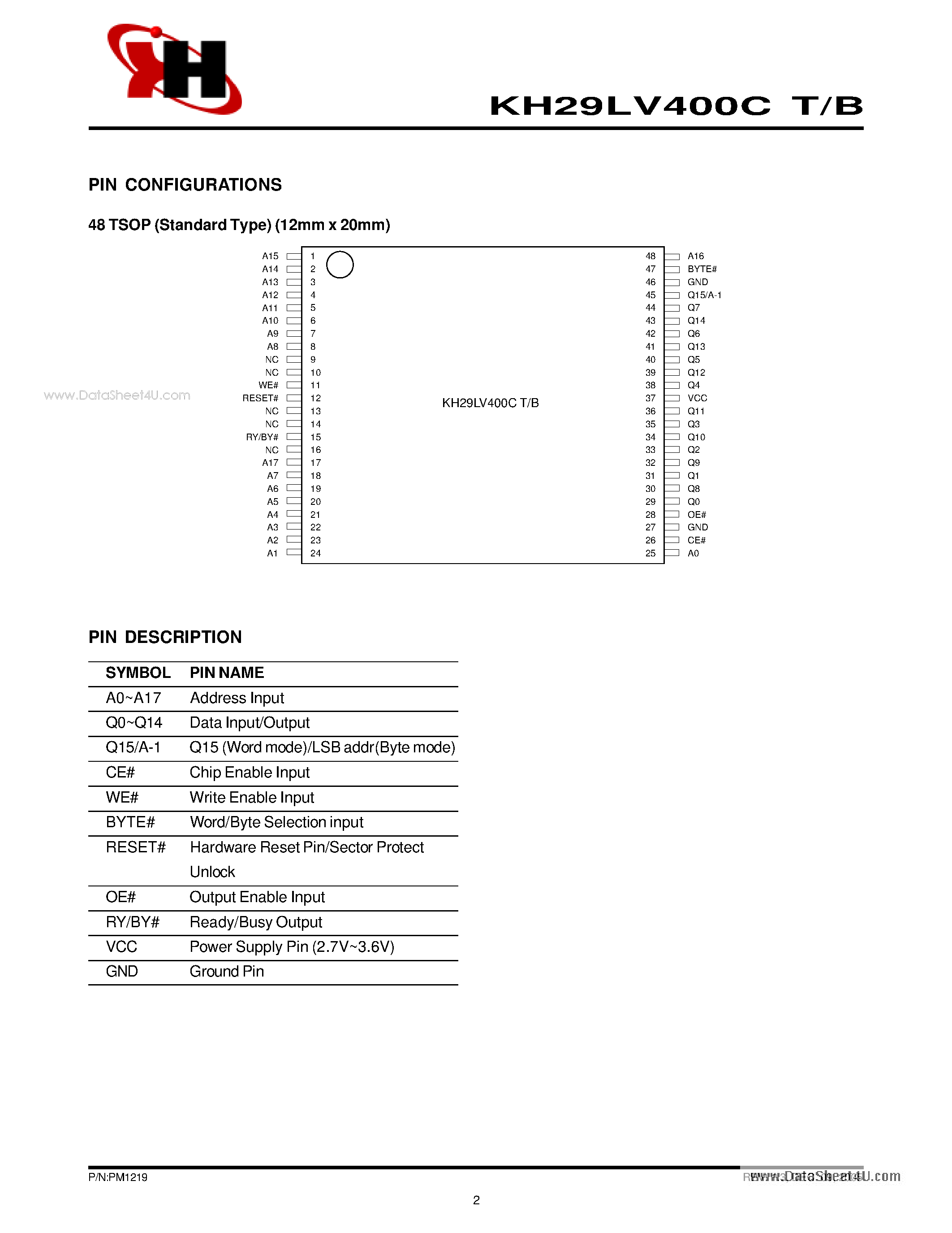Datasheet KH29LV400CB - 4M-BIT [512K x 8 / 256K x 16] CMOS SINGLE VOLTAGE 3V ONLY FLASH MEMORY page 2