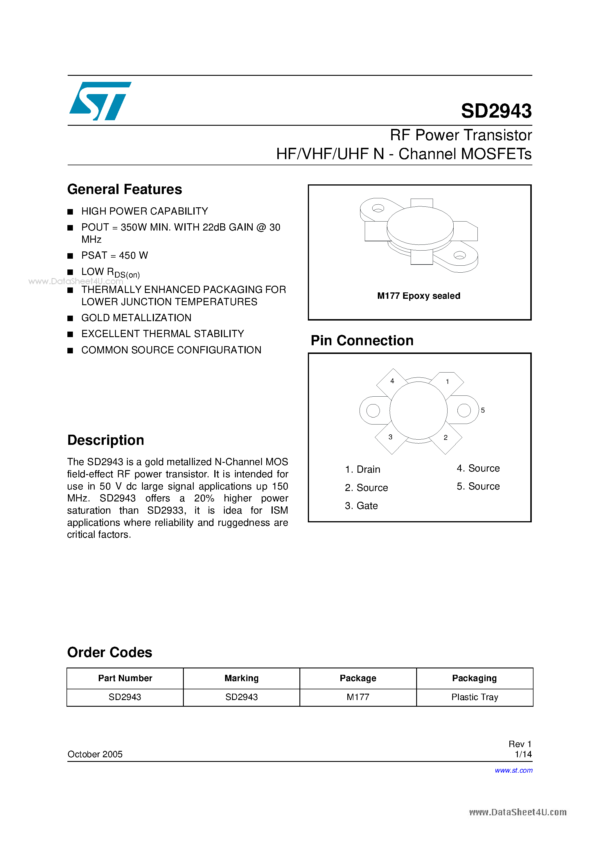 Даташит на микросхему SD2943 страница 1 Даташит SD2943 - RF Power Transistor HF/VHF/UHF N - Channel MOSFETs страница 1
