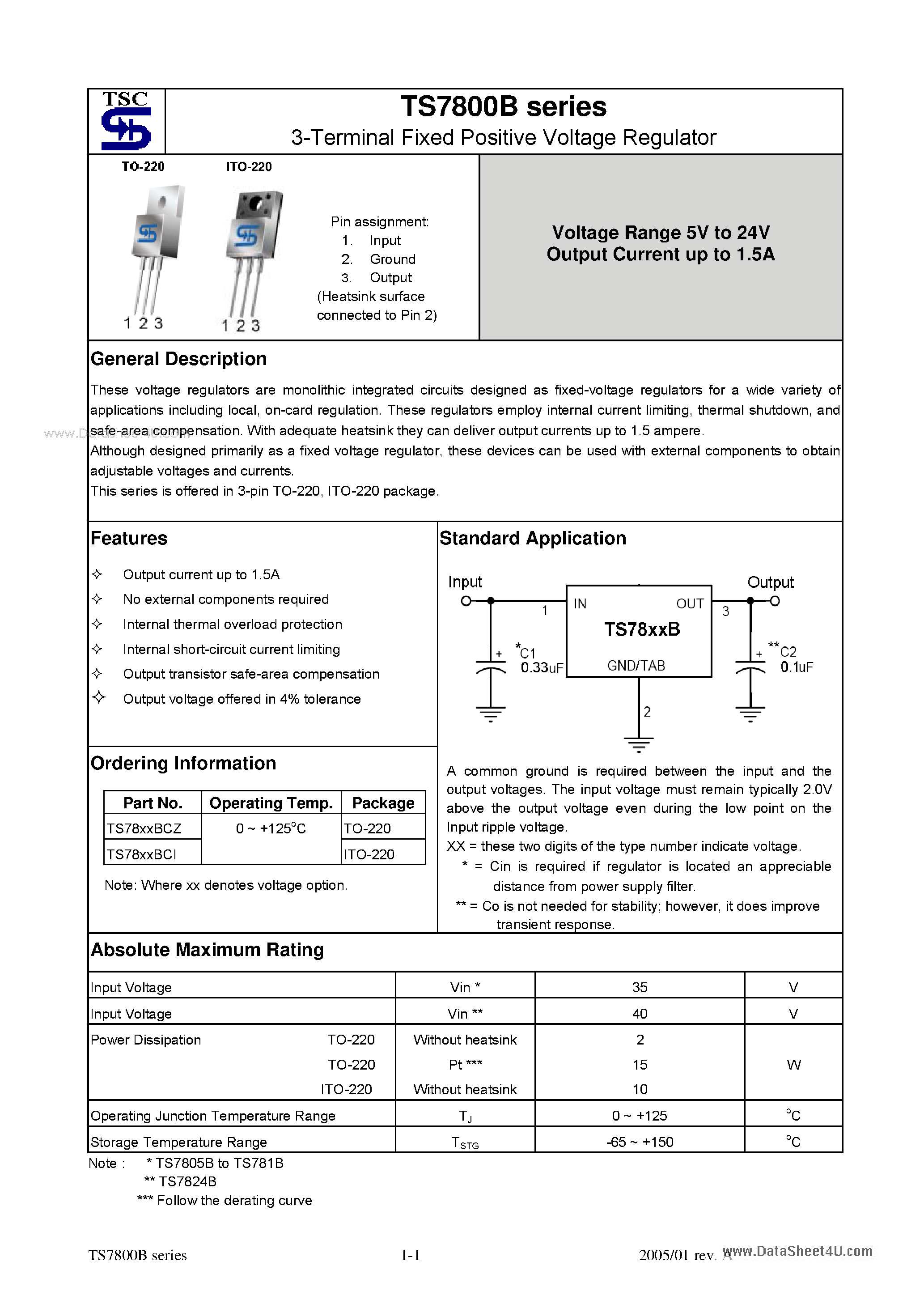 Datasheet TS7800B - (TS7800B Series) 3-Terminal Fixed Positive Voltage Regulator page 1