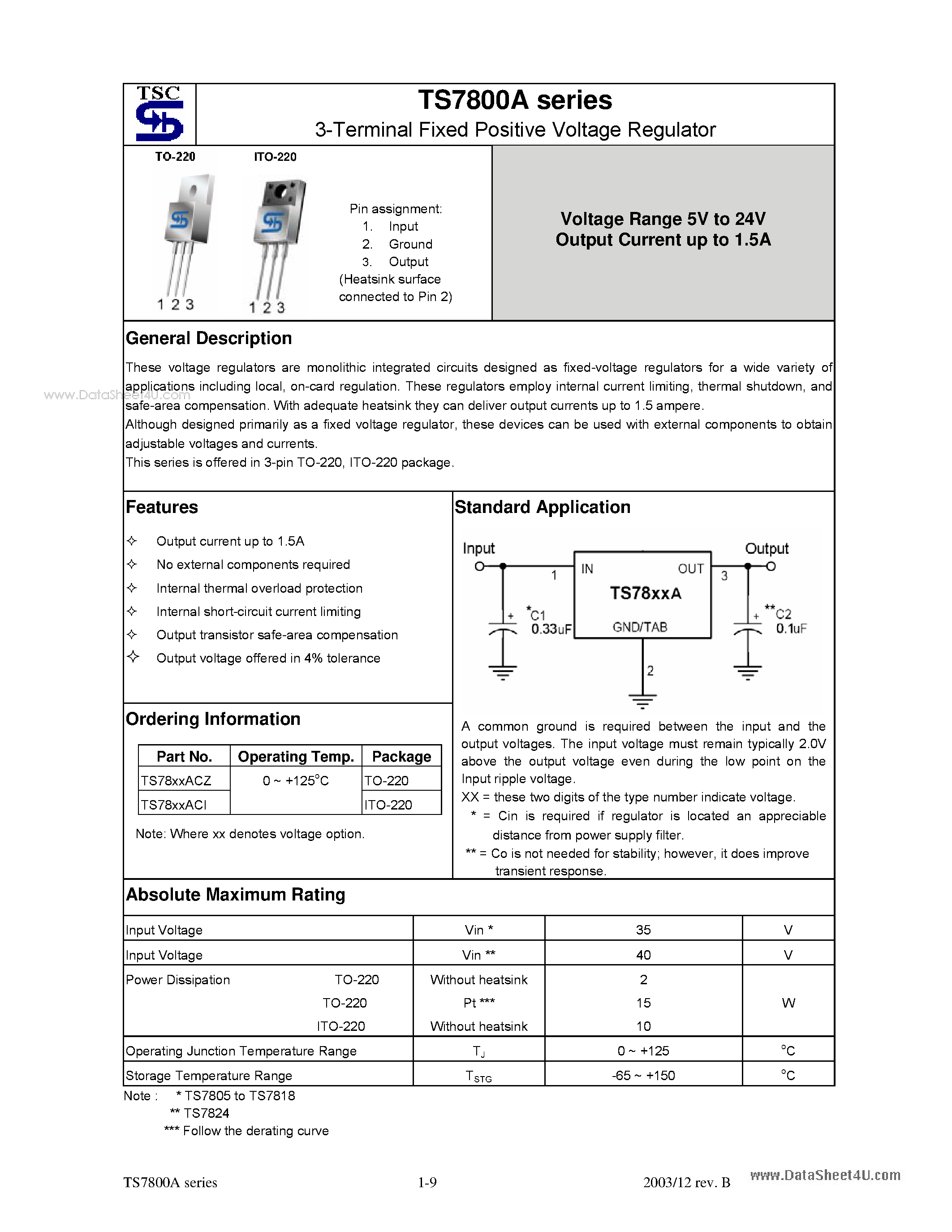 Datasheet TS7800A - (TS7800A Series) 3-Terminal Fixed Positive Voltage Regulator page 1