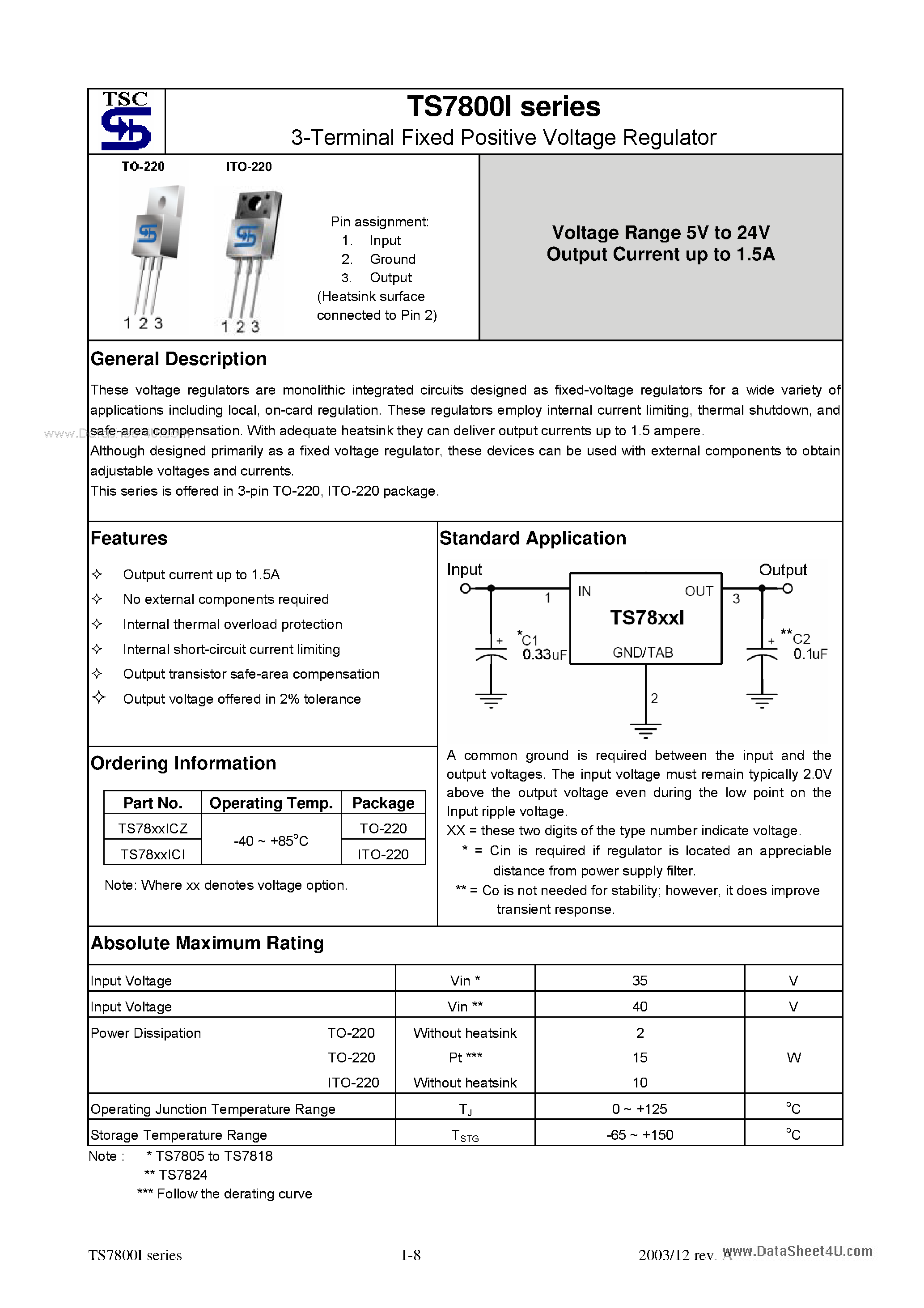 Datasheet TS7805I - (TS7800I Series) 3-Terminal Fixed Positive Voltage Regulator page 1
