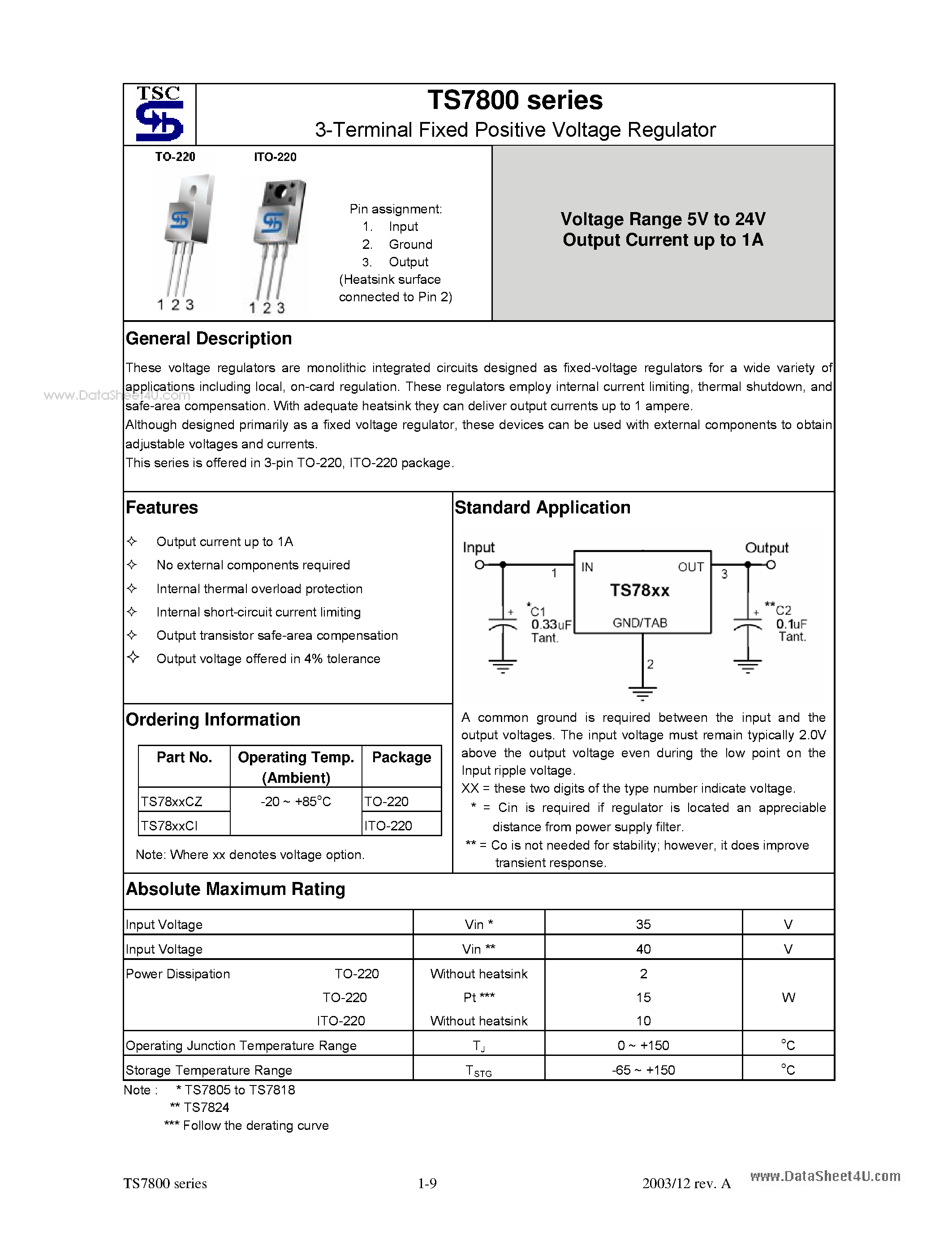 Datasheet TS7805 - (TS7800 Series) 3-Terminal Fixed Positive Voltage Regulator page 1