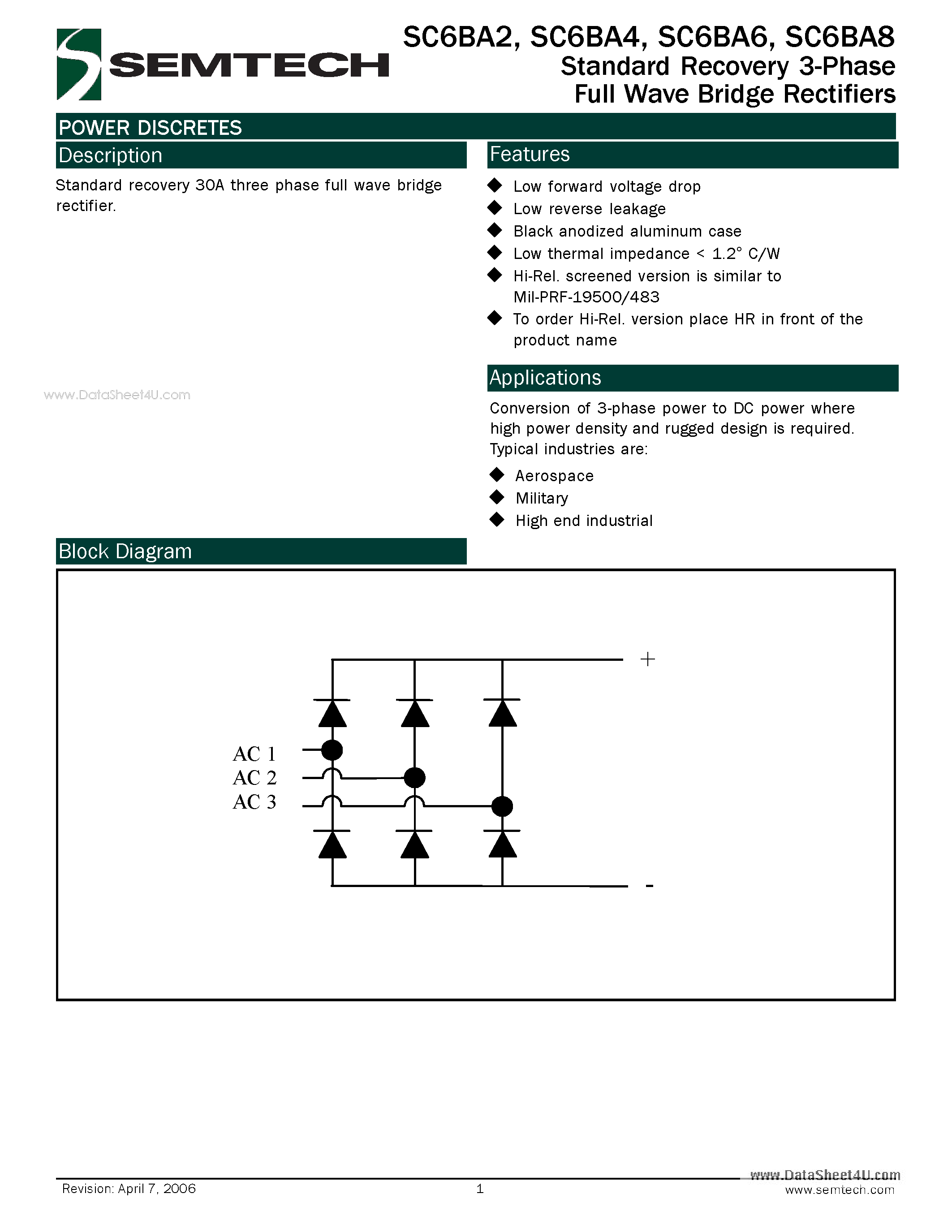 Datasheet SC6BA2 page 1 Datasheet SC6BA2 - Standard Recovery 3-Phase Full Wave Bridge Rectifiers page 1