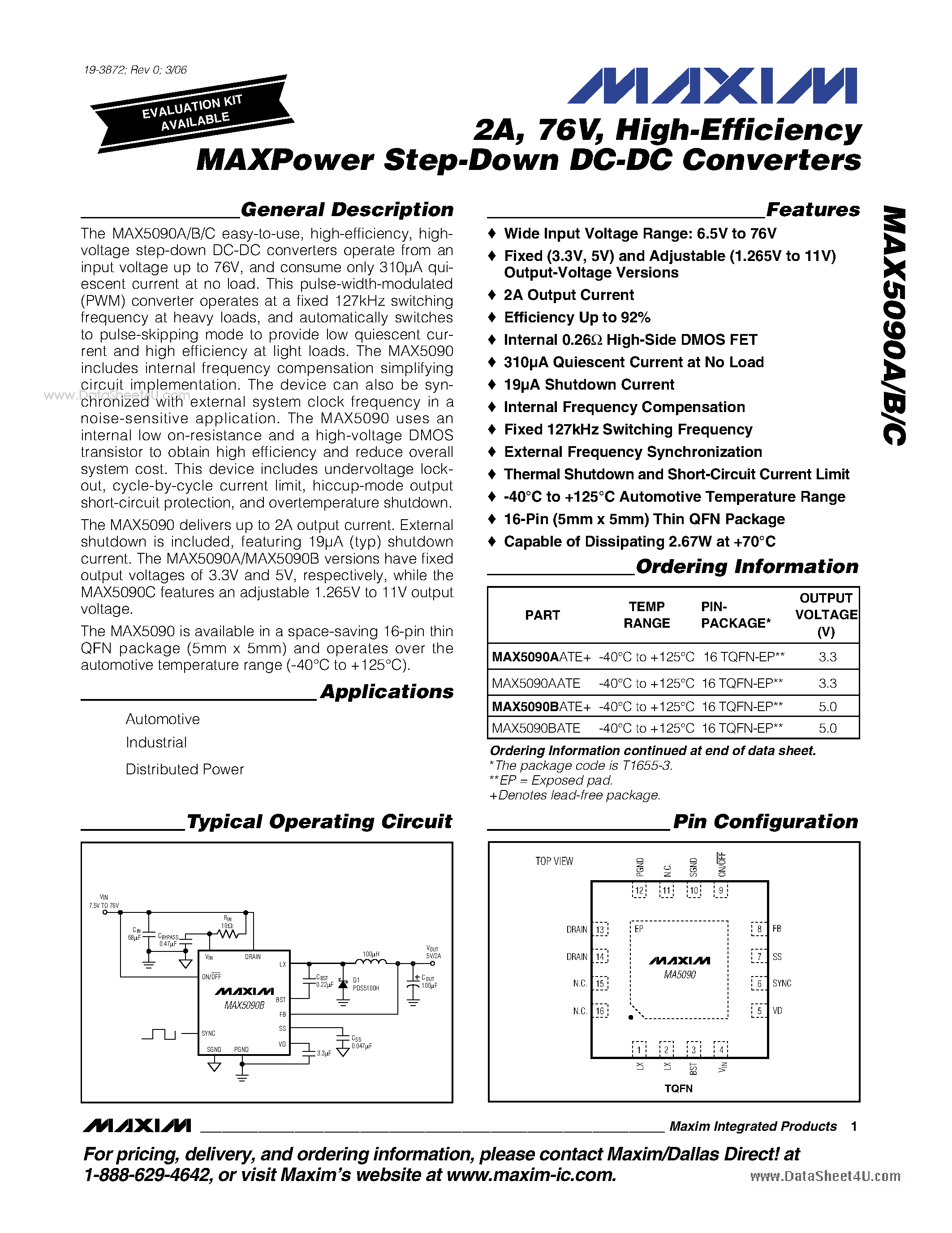 Datasheet MAX5090A - High-Efficiency MAXPower Step-Down DC-DC Converters page 1