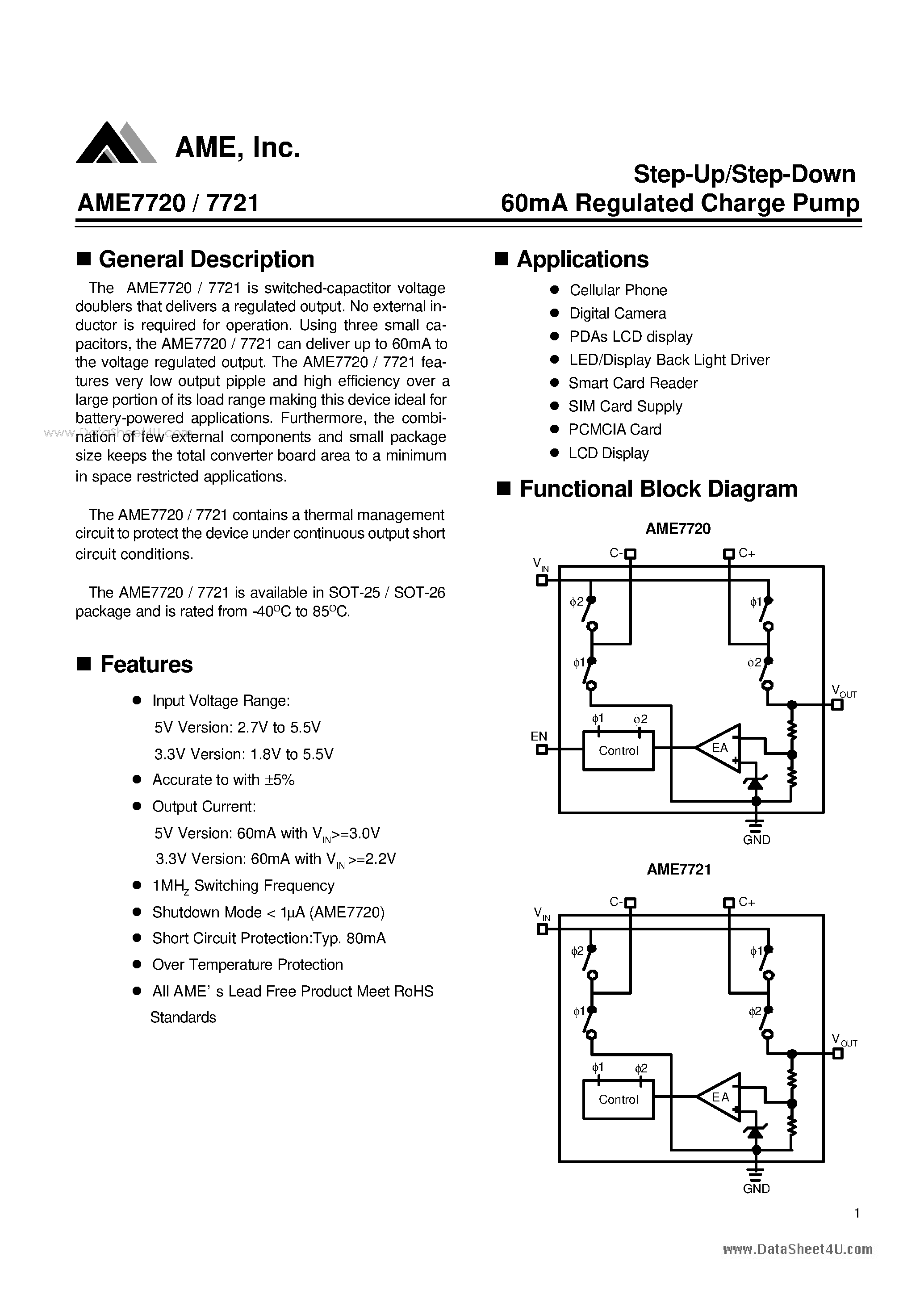 Даташит на микросхему AME7720 страница 1 Даташит AME7720 - Step-Up/Step-Down 60mA Regulated Charge Pump страница 1