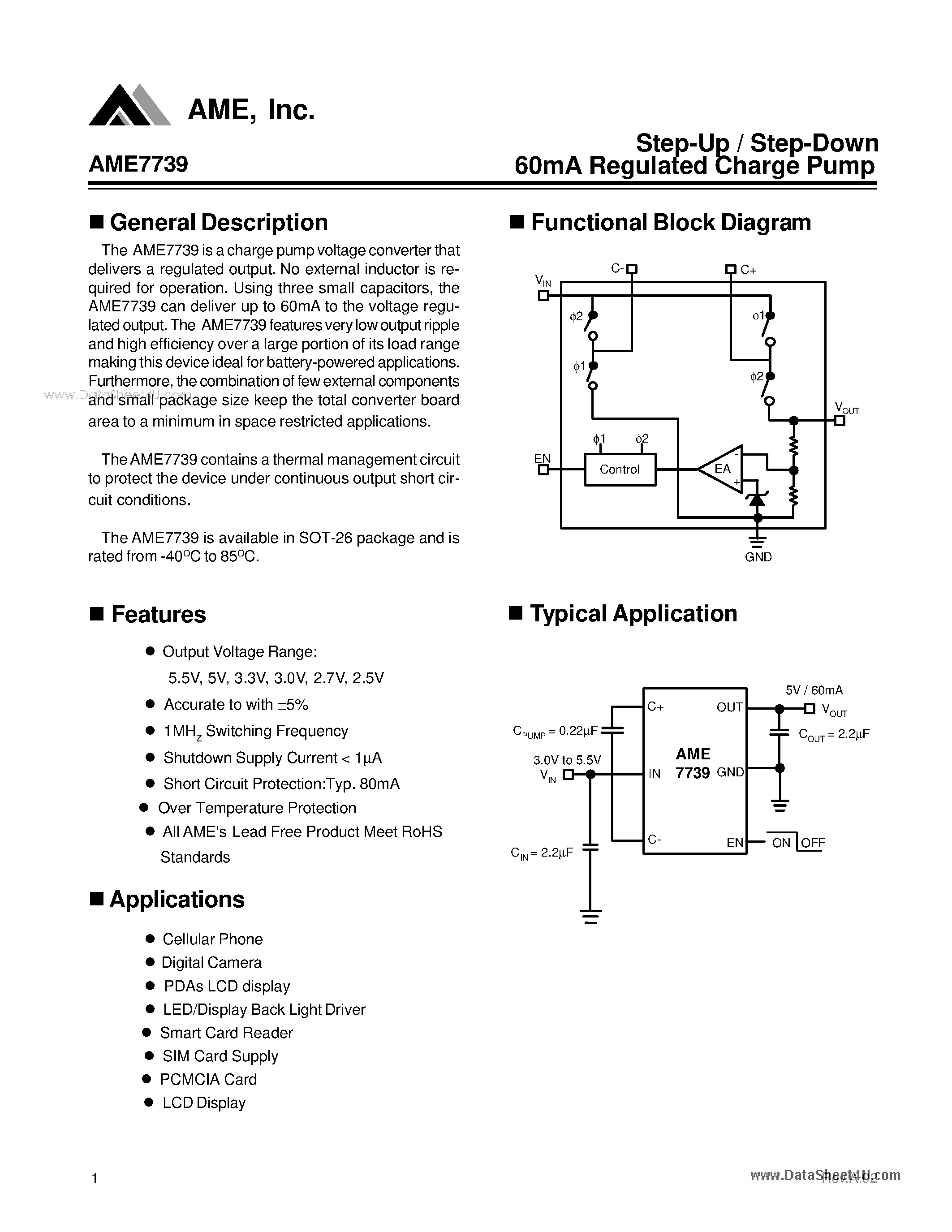 Даташит на микросхему AME7739 страница 1 Даташит AME7739 - Step-Up/Step-Down 60mA Regulated Charge Pump страница 1