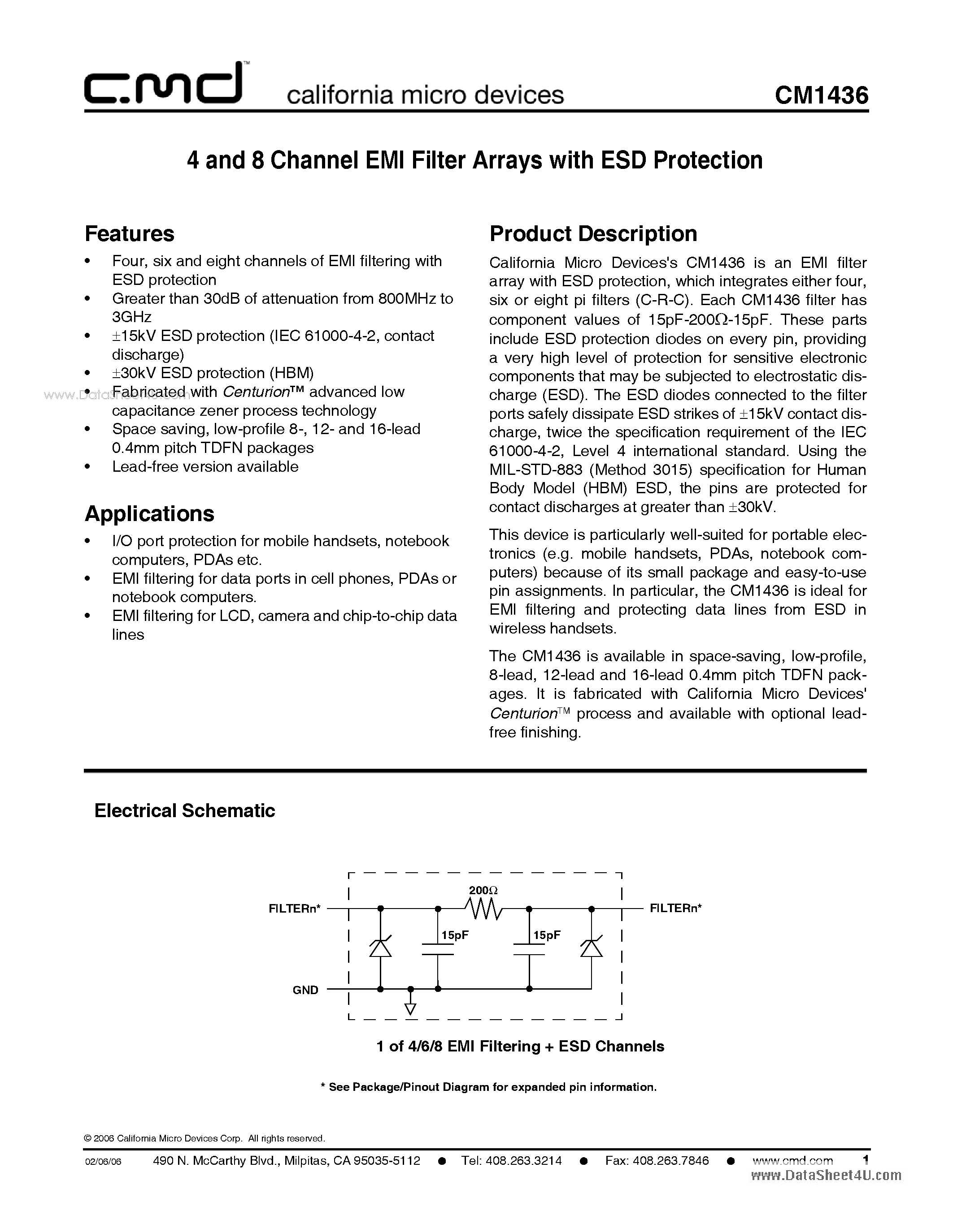 Datasheet CM1436 - 4 and 8 Channel EMI Filter Arrays page 1