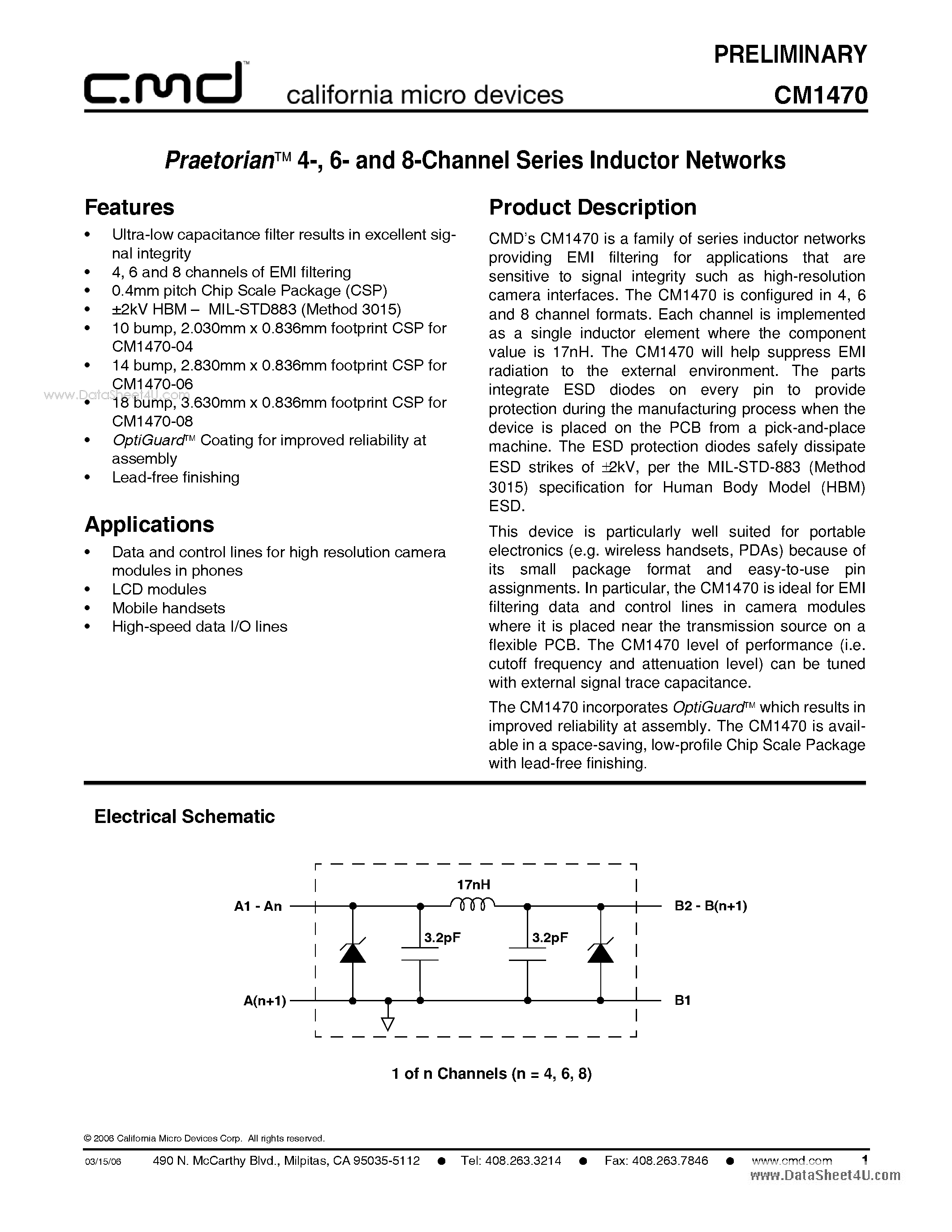 Datasheet CM1470 page 1 Datasheet CM1470 - 6- and 8-Channel Series Inductor Networks page 1